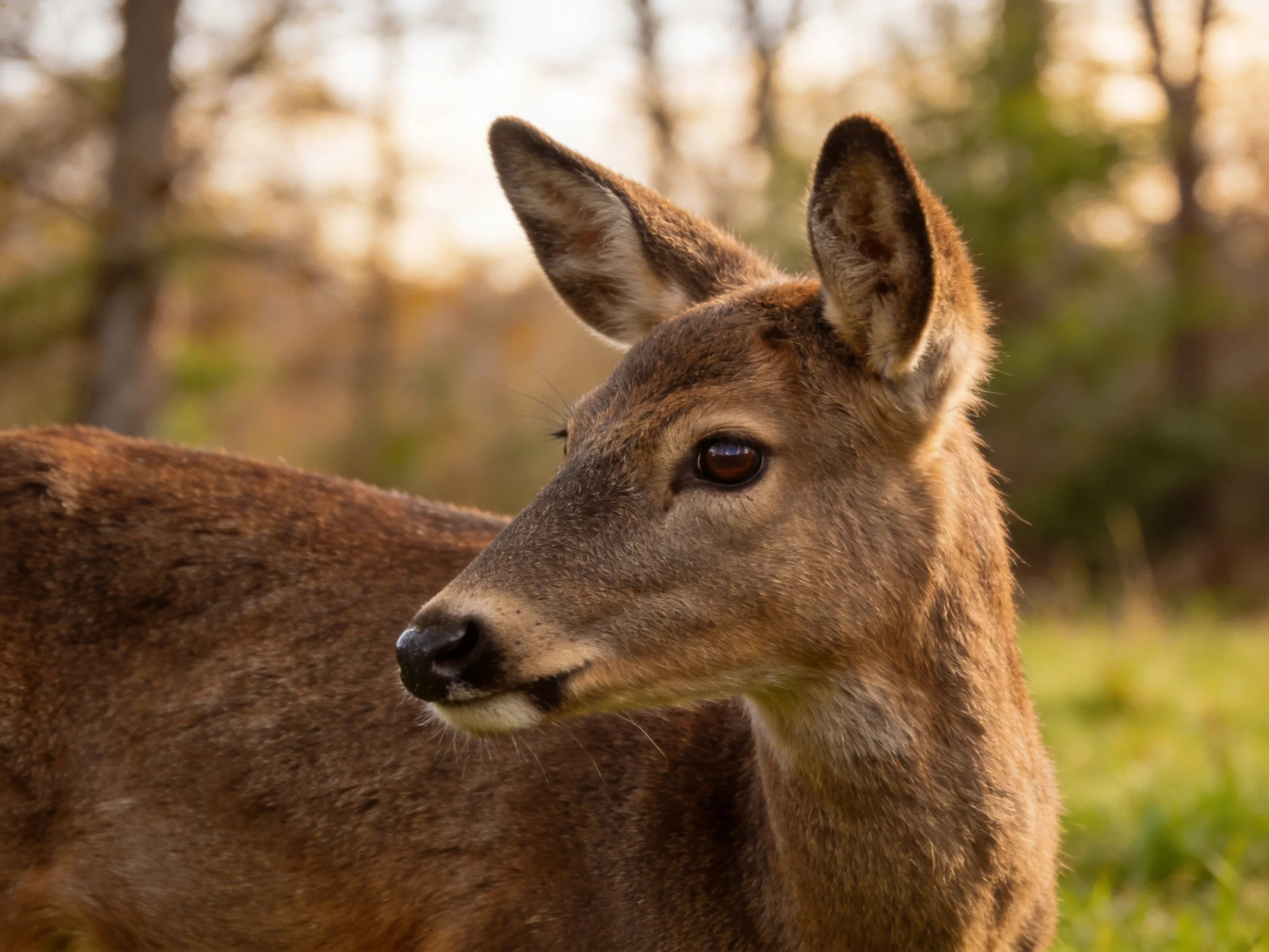 A brown deer with alert ears in a sunlit woodland
