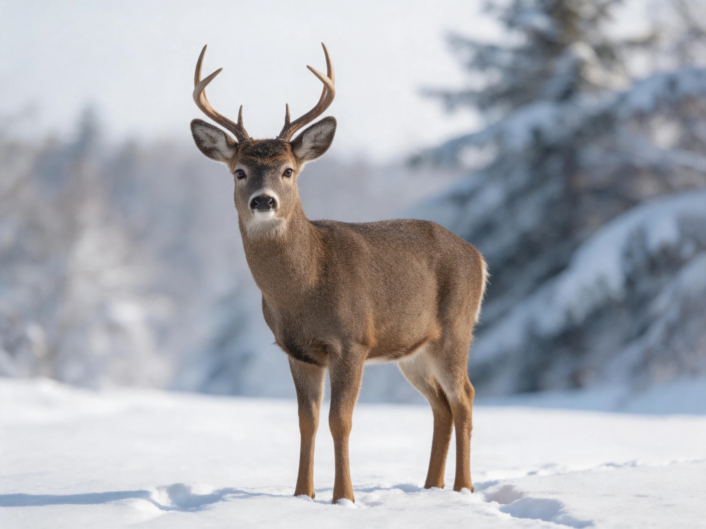 A brown deer with large antlers in a snowy winter landscape