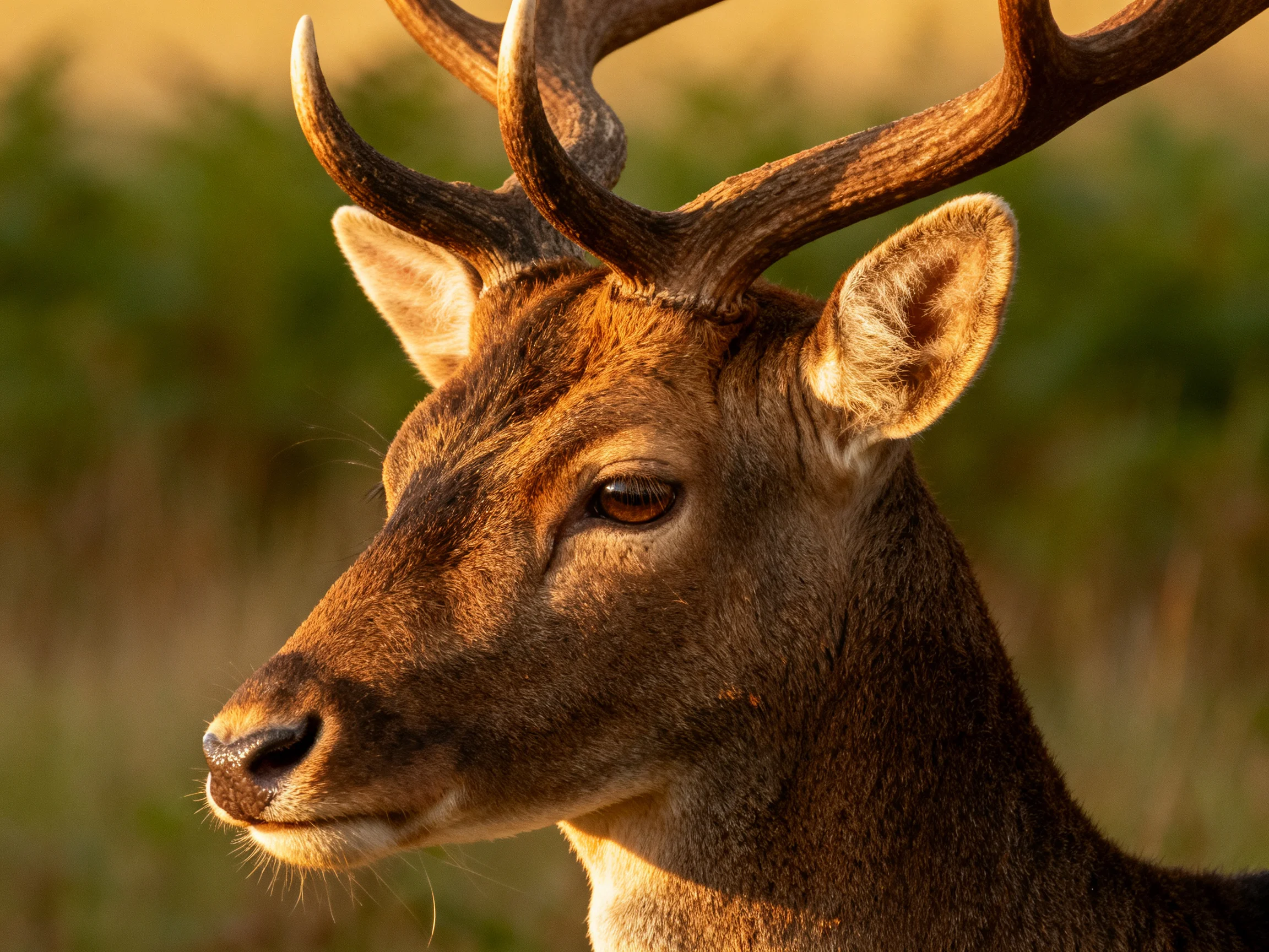 A brown deer with large antlers in golden-hour lighting