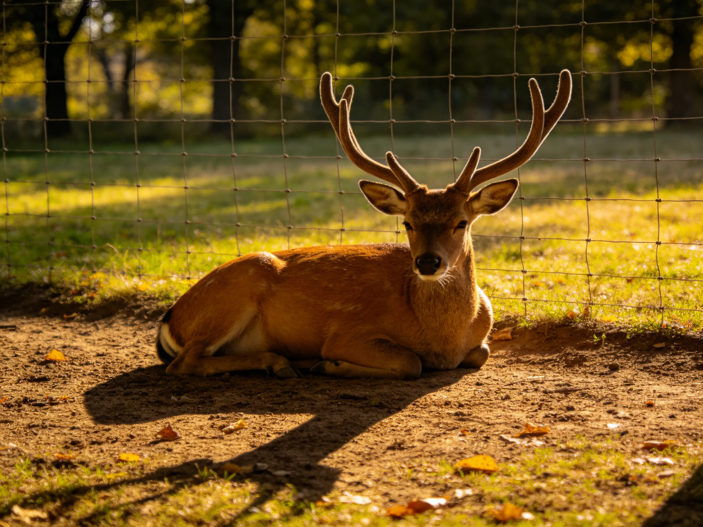 A brown deer with large antlers rests by a wire fence in golden light