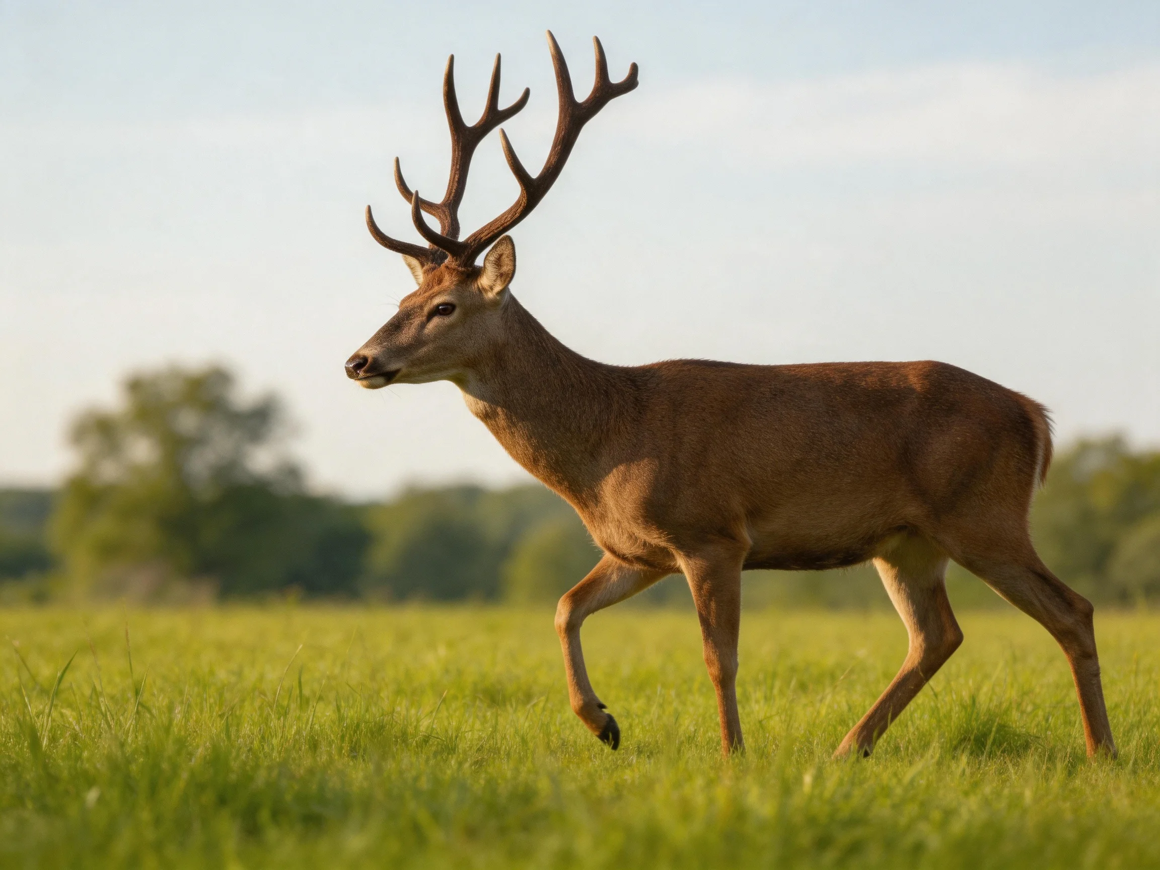A brown deer with large antlers walking through a sunlit meadow