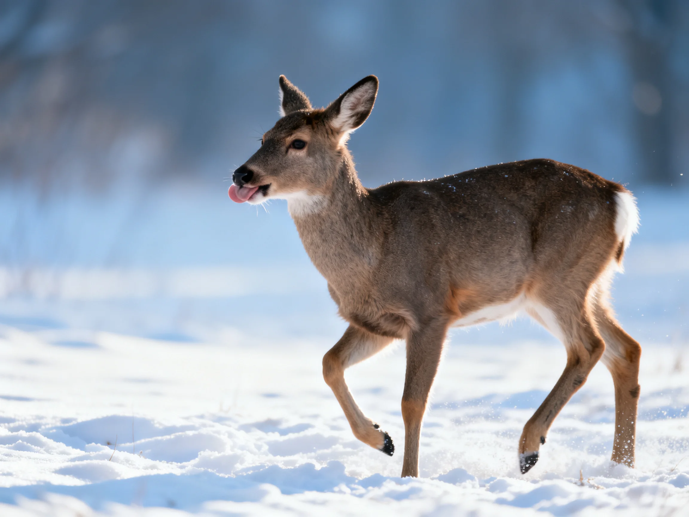 A brown deer with white tail running through bright snowy terrain