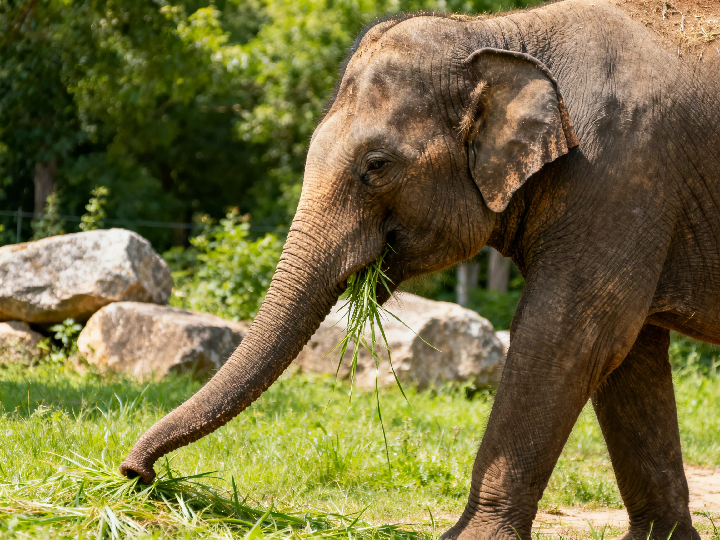 A brown elephant grazing on lush green grass near large rocks