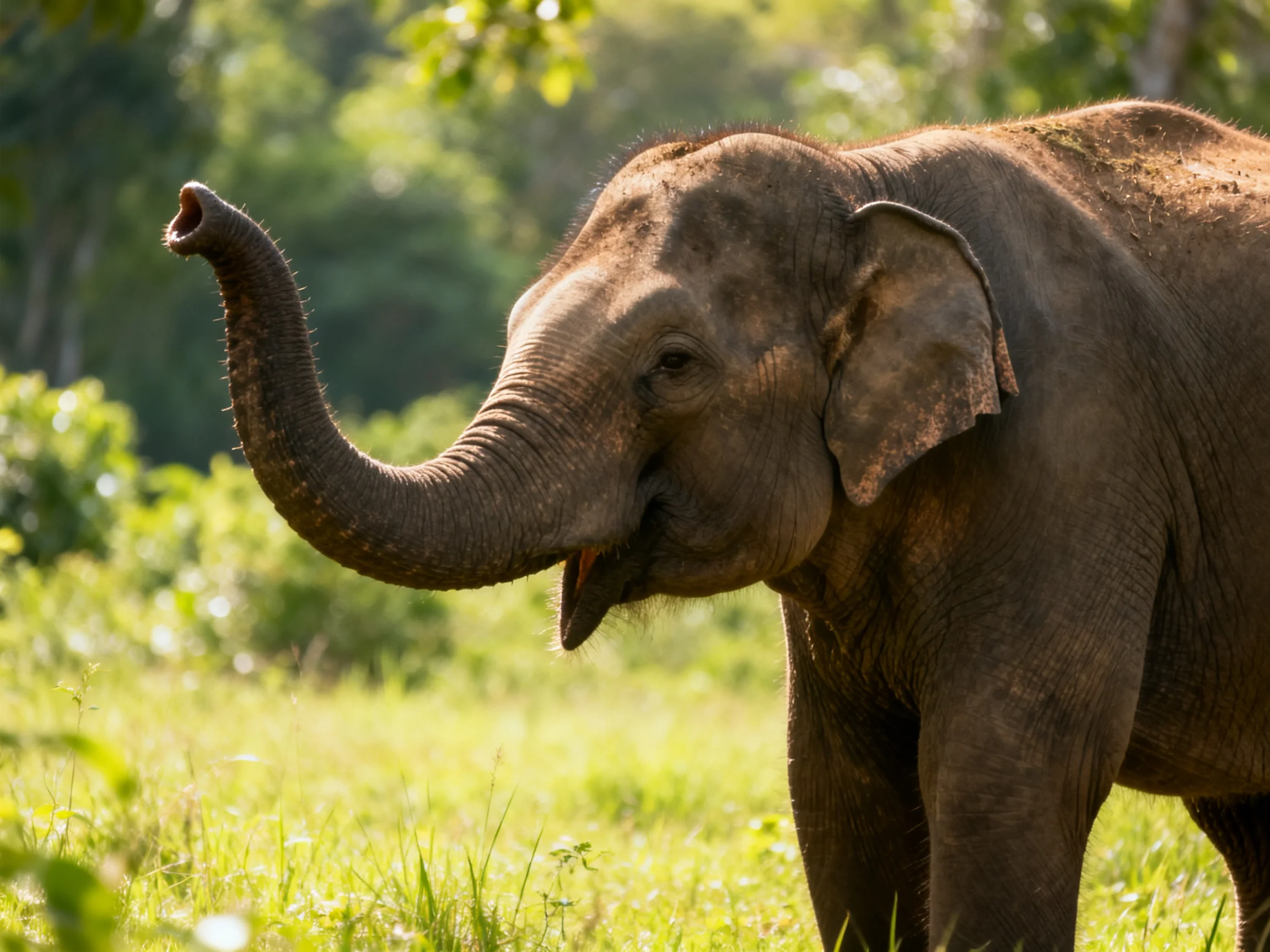 A brown elephant in a lush green meadow near trees