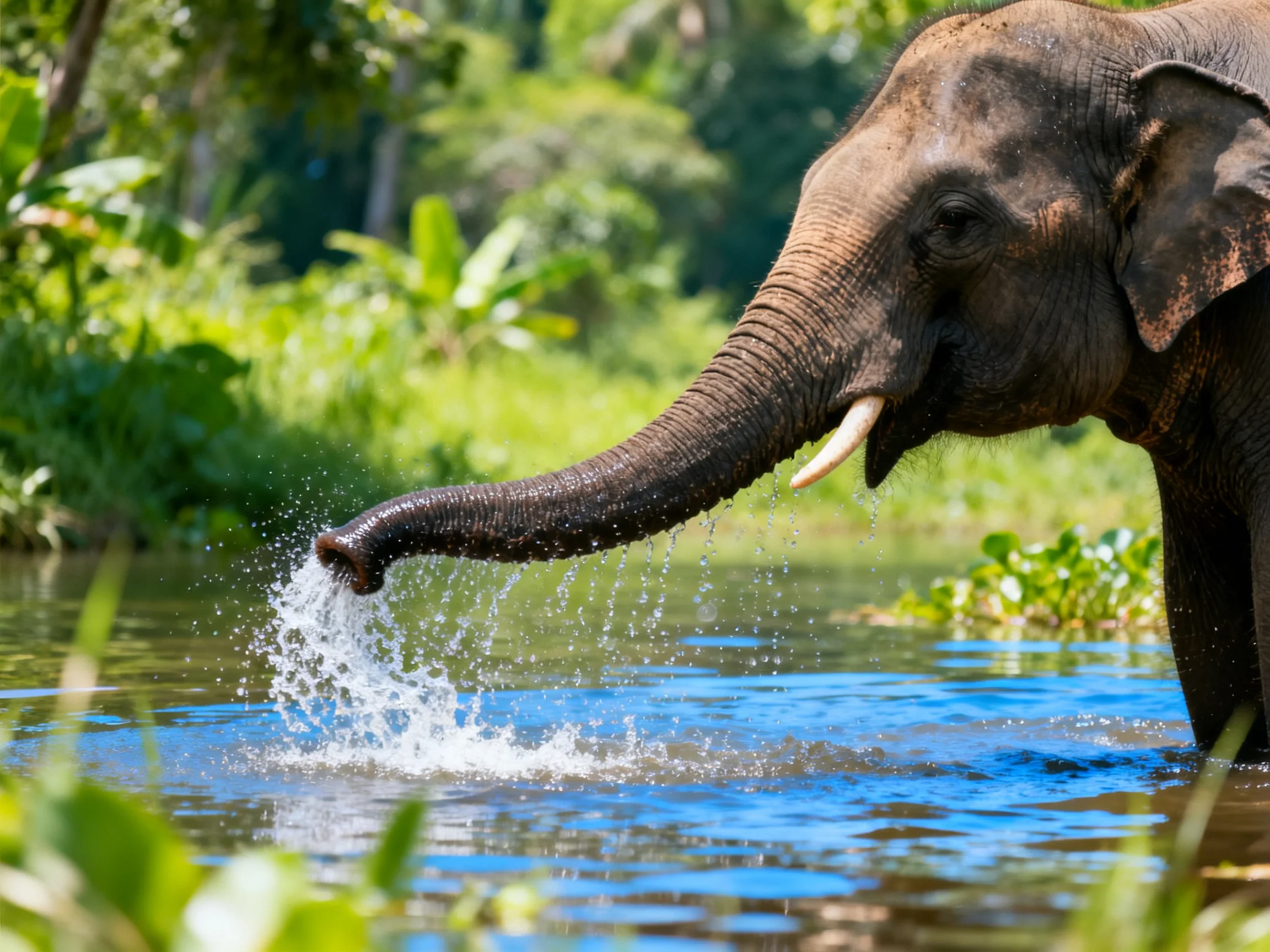 An elephant sprays water from its trunk in a jungle river.