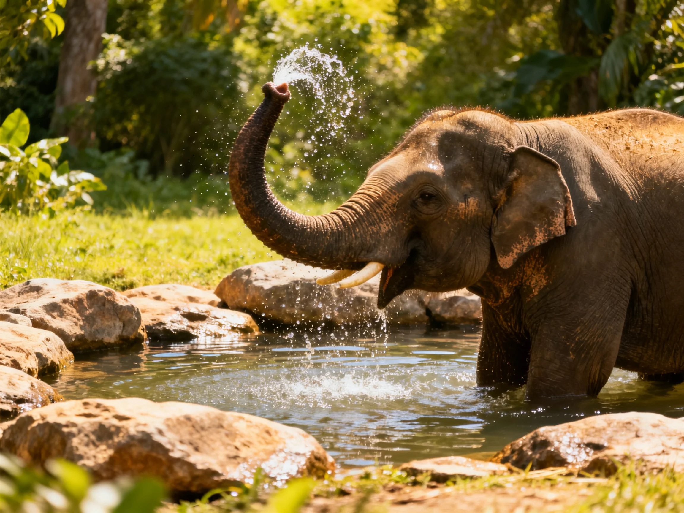 A brown elephant sprays water near rocky waters