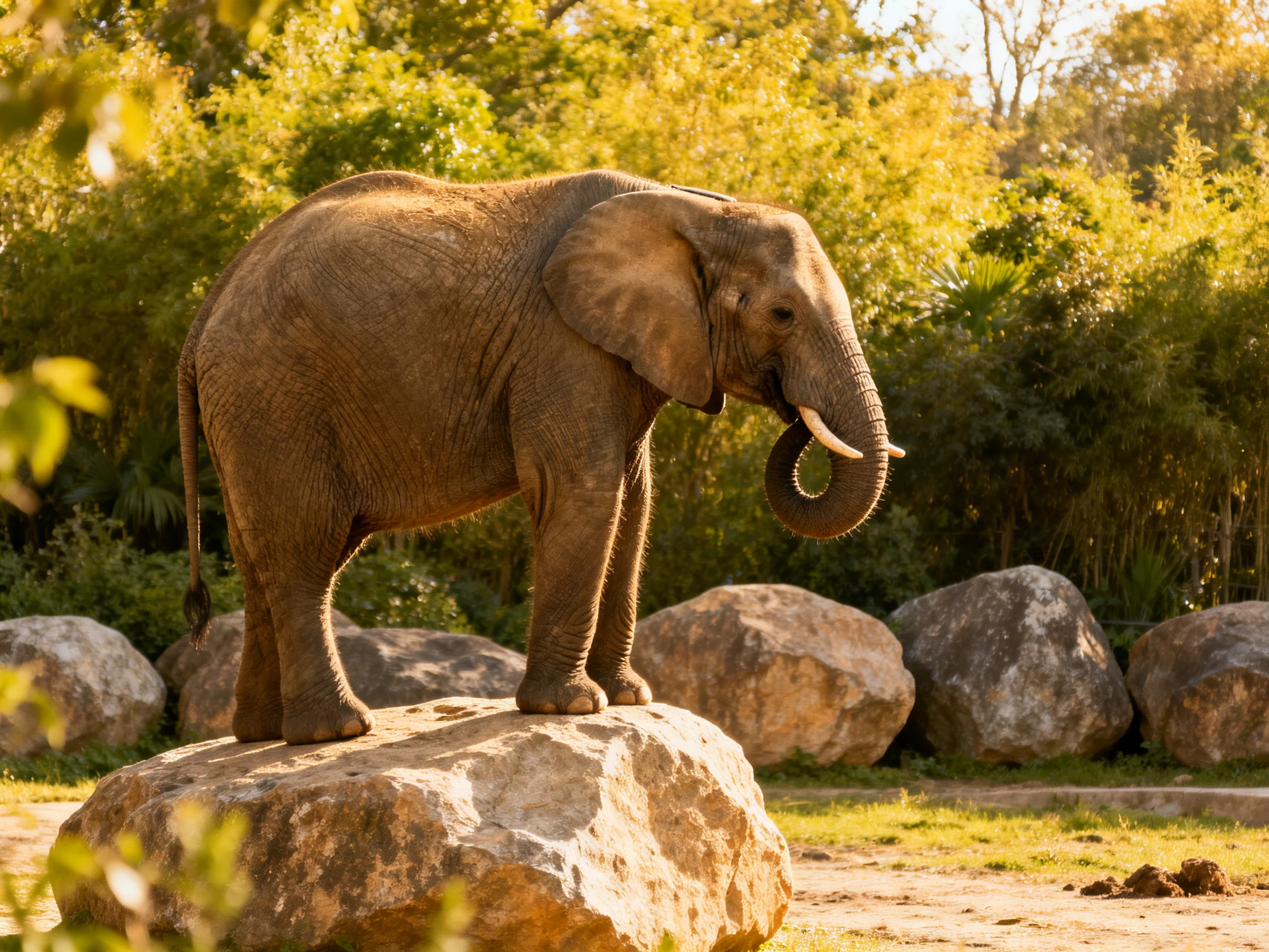A brown elephant stands on a large rock among greenery and boulders