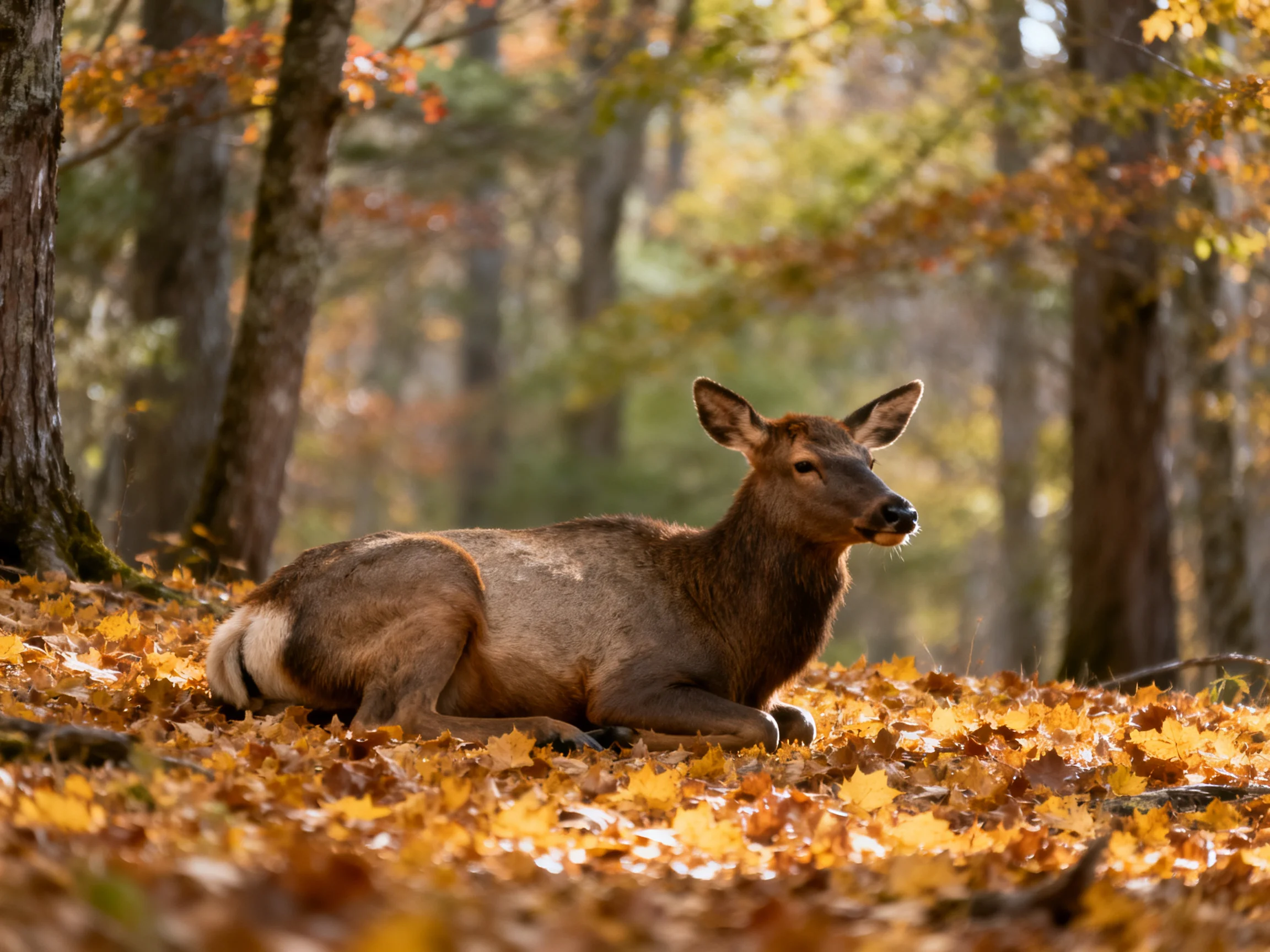An elk relaxes on fallen autumn leaves amidst forest trees.