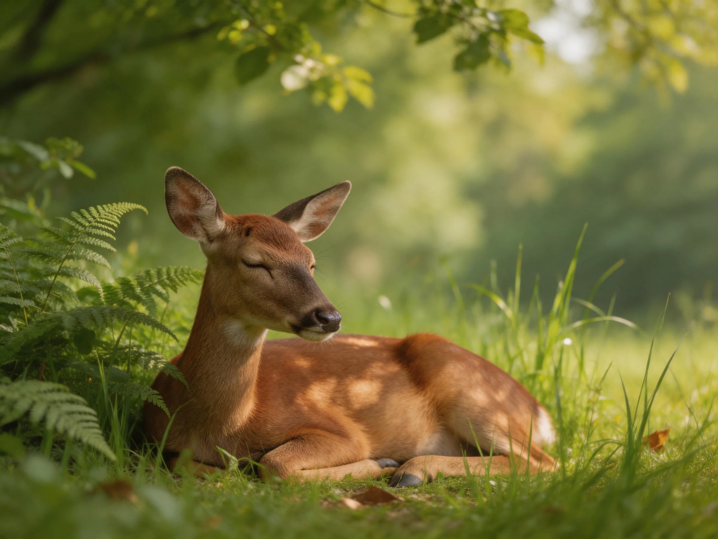 A brown fawn lies peacefully in a sunlit forest setting.