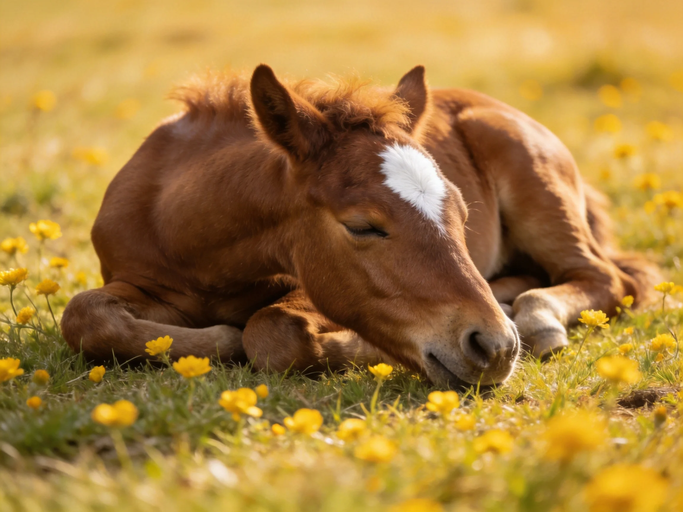 A brown foal with a white marking sleeps peacefully amid yellow flowers.