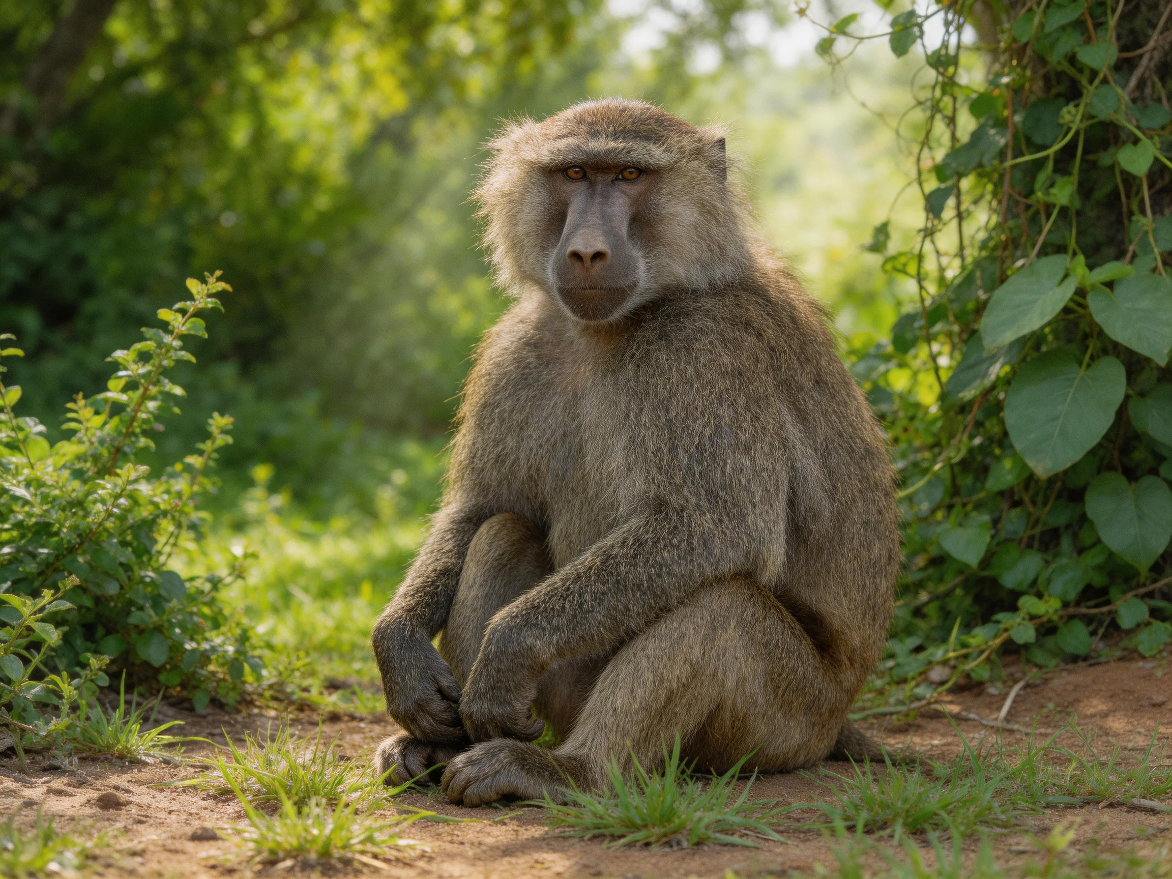 A brown-furred baboon sits amid lush green foliage on a dirt path
