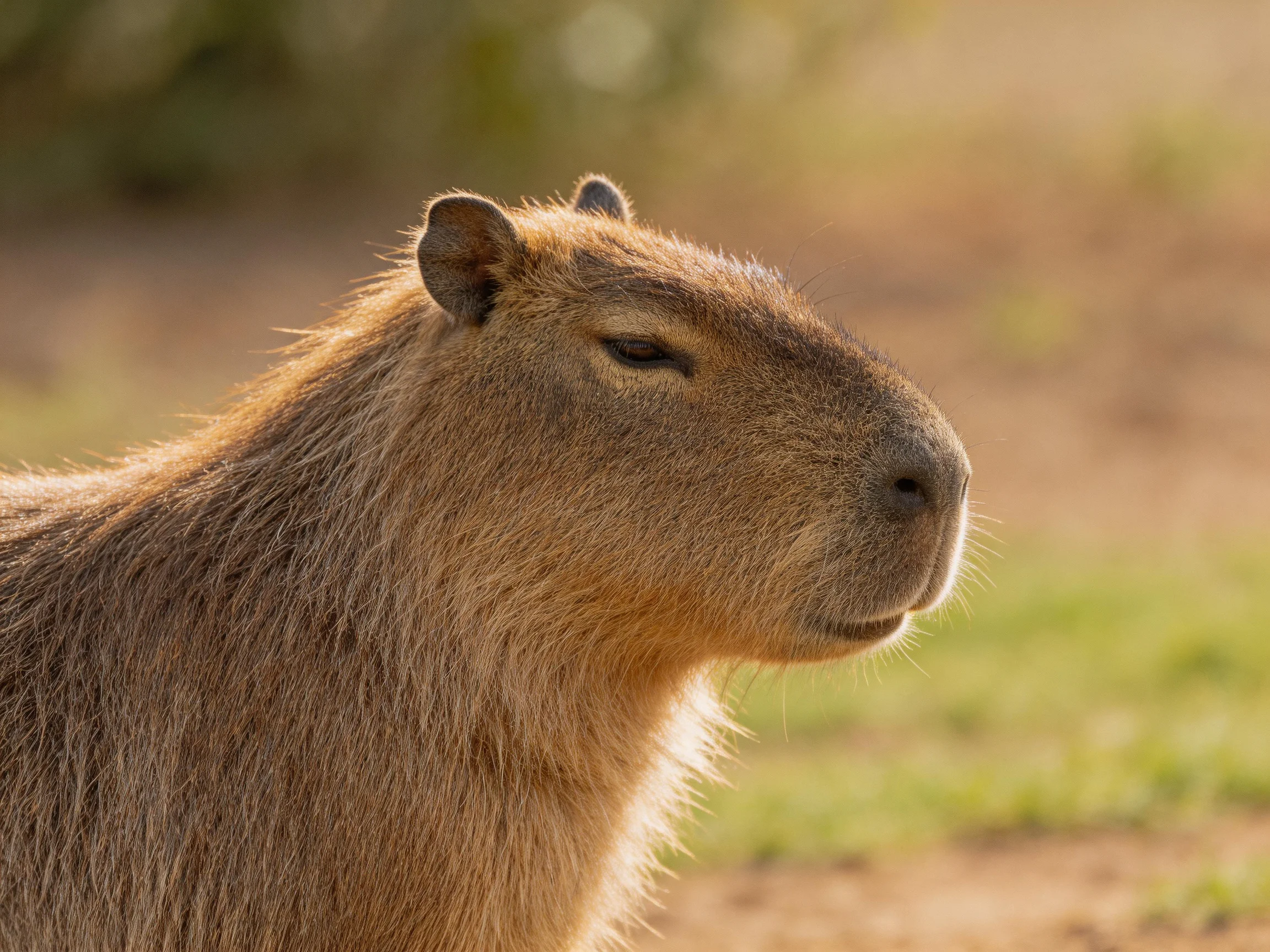 A brown-furred capybara in a sunlit natural setting
