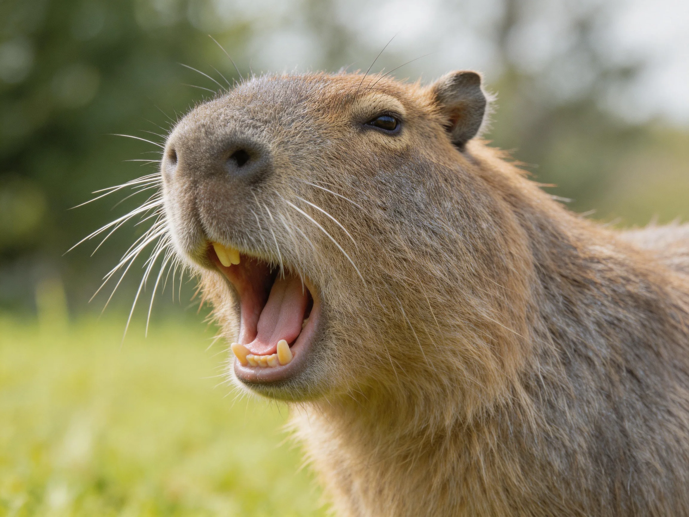 A brown-furred capybara yawns widely in a green outdoor setting