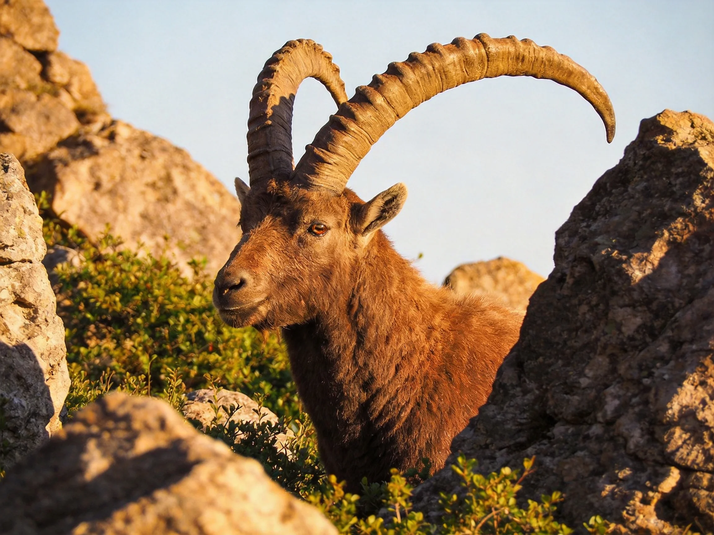 A brown-furred goat with large curved horns in rocky terrain