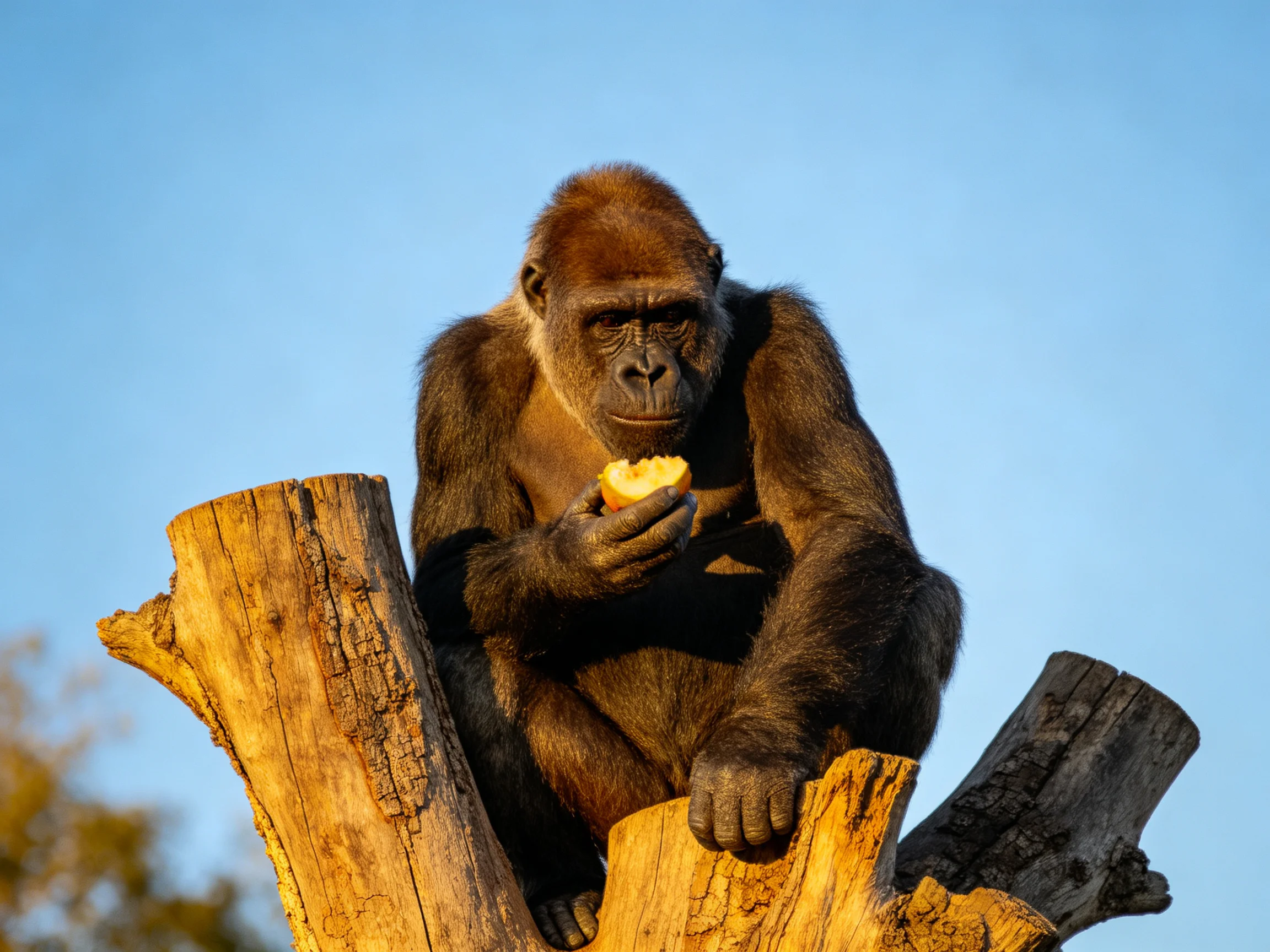 A brown-furred gorilla eats fruit atop weathered wooden logs under clear blue sky