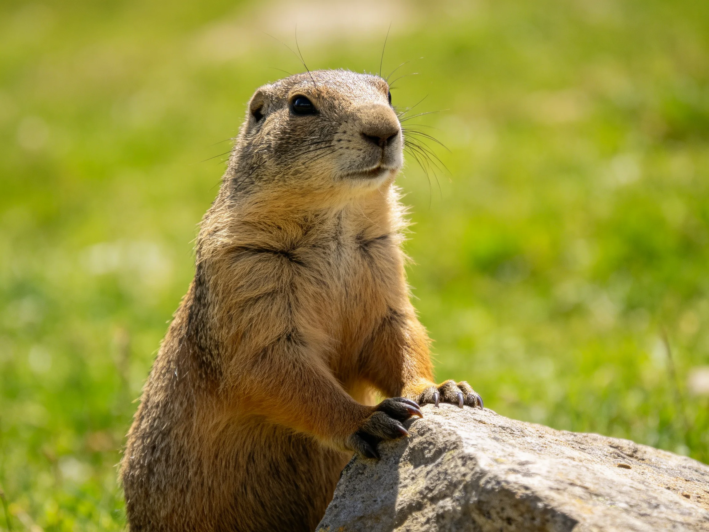 A brown-furred ground squirrel stands atop a gray rock in a green meadow