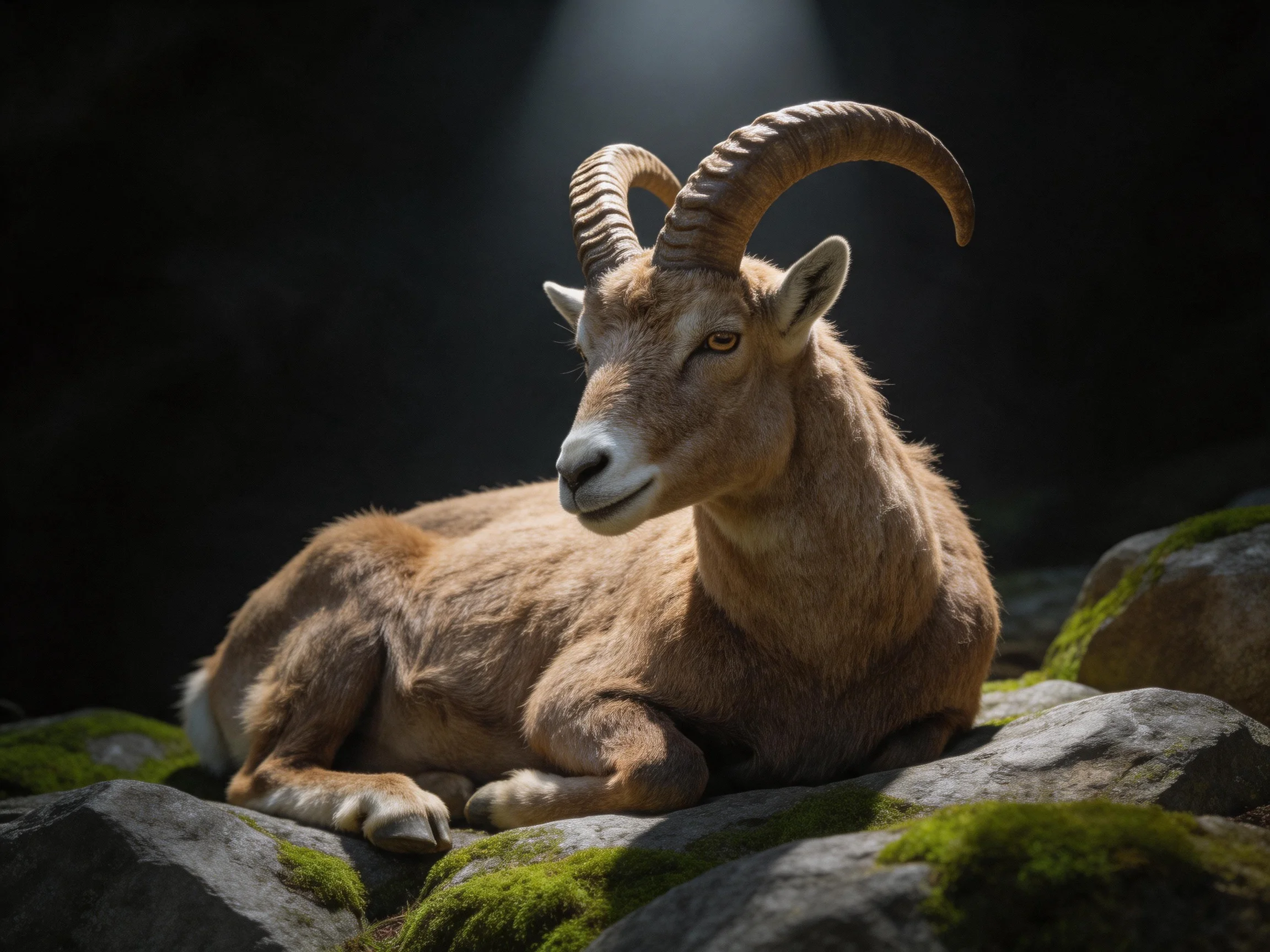 A brown-furred horned goat rests on mossy rocky terrain