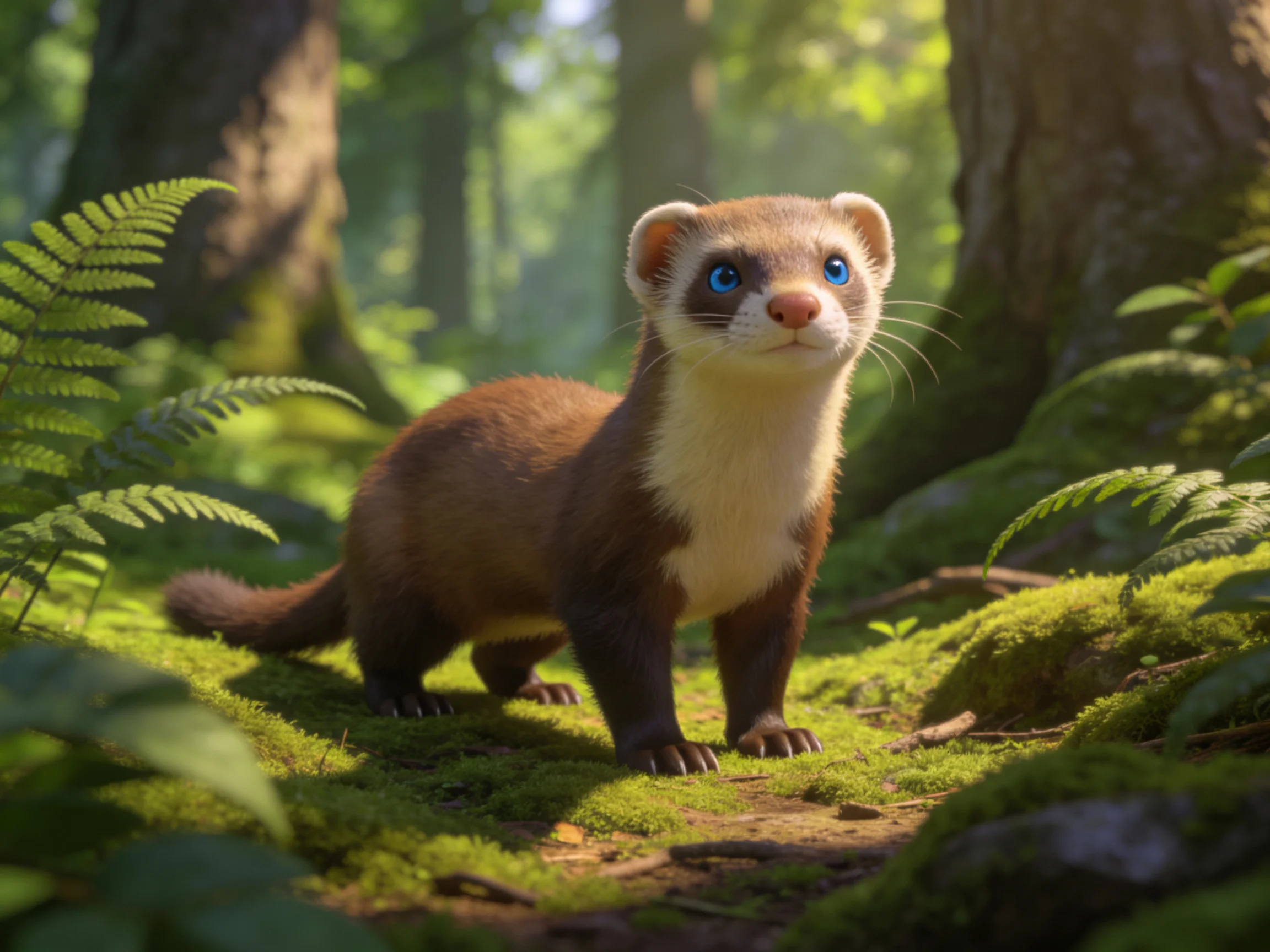 A brown-furred mammal in a sunlit, mossy forest with ferns