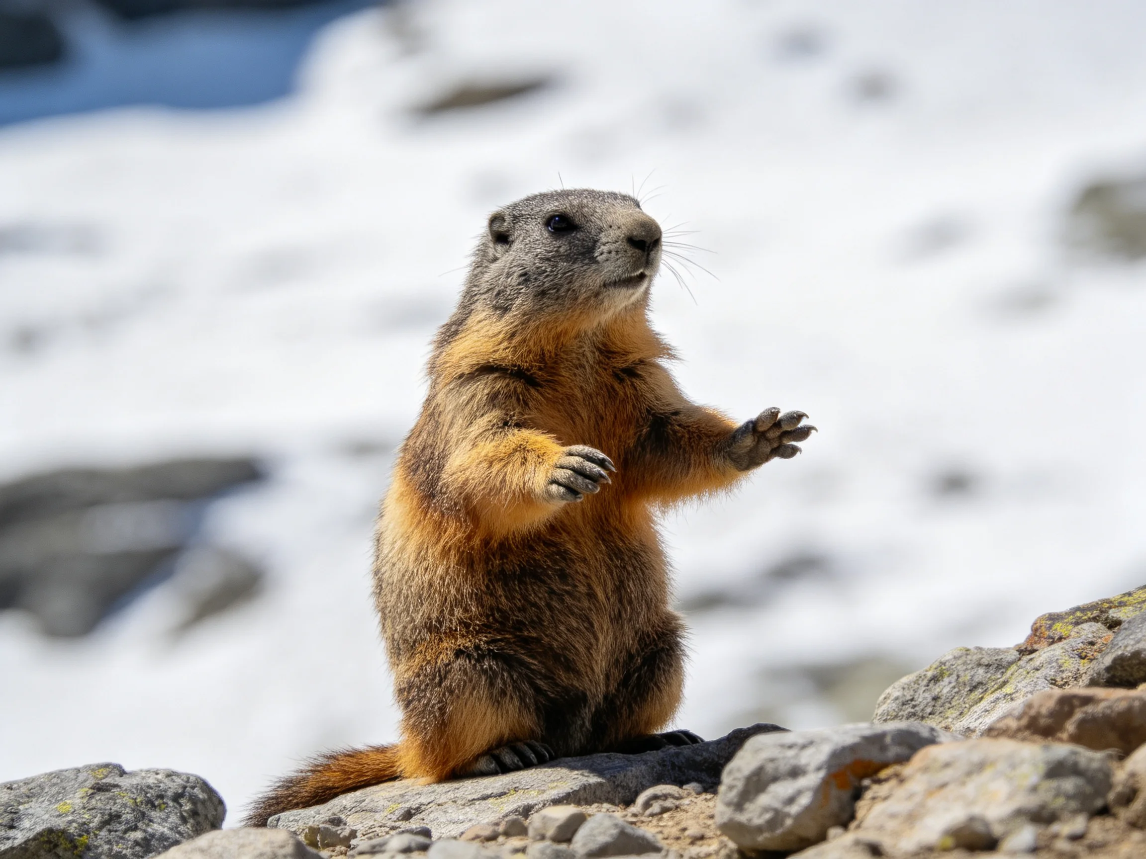 A brown-furred marmot stands alert on rocky terrain near snow