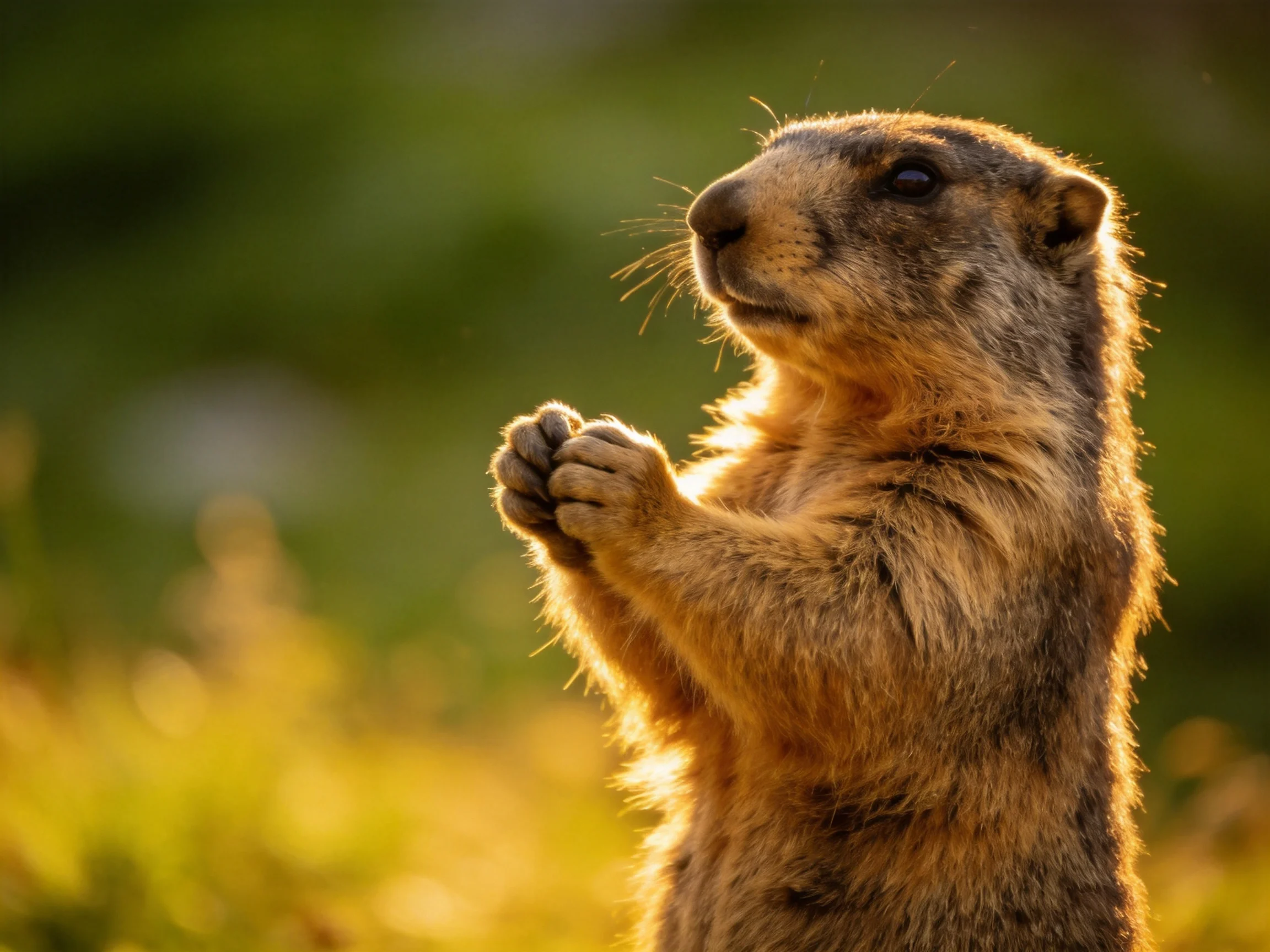 A brown-furred marmot stands upright in golden sunlight