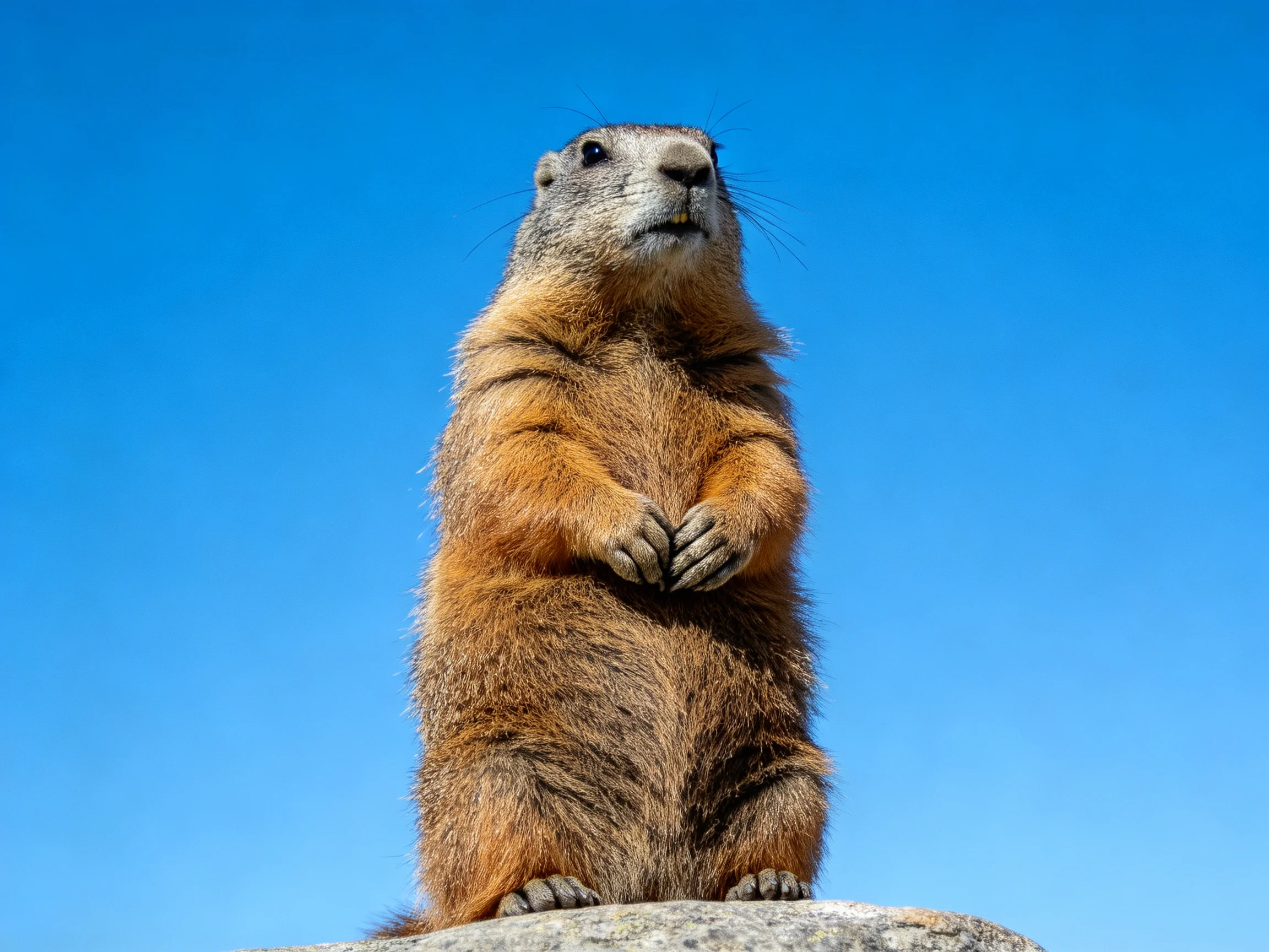 A brown-furred marmot stands upright on a gray rock under clear blue sky