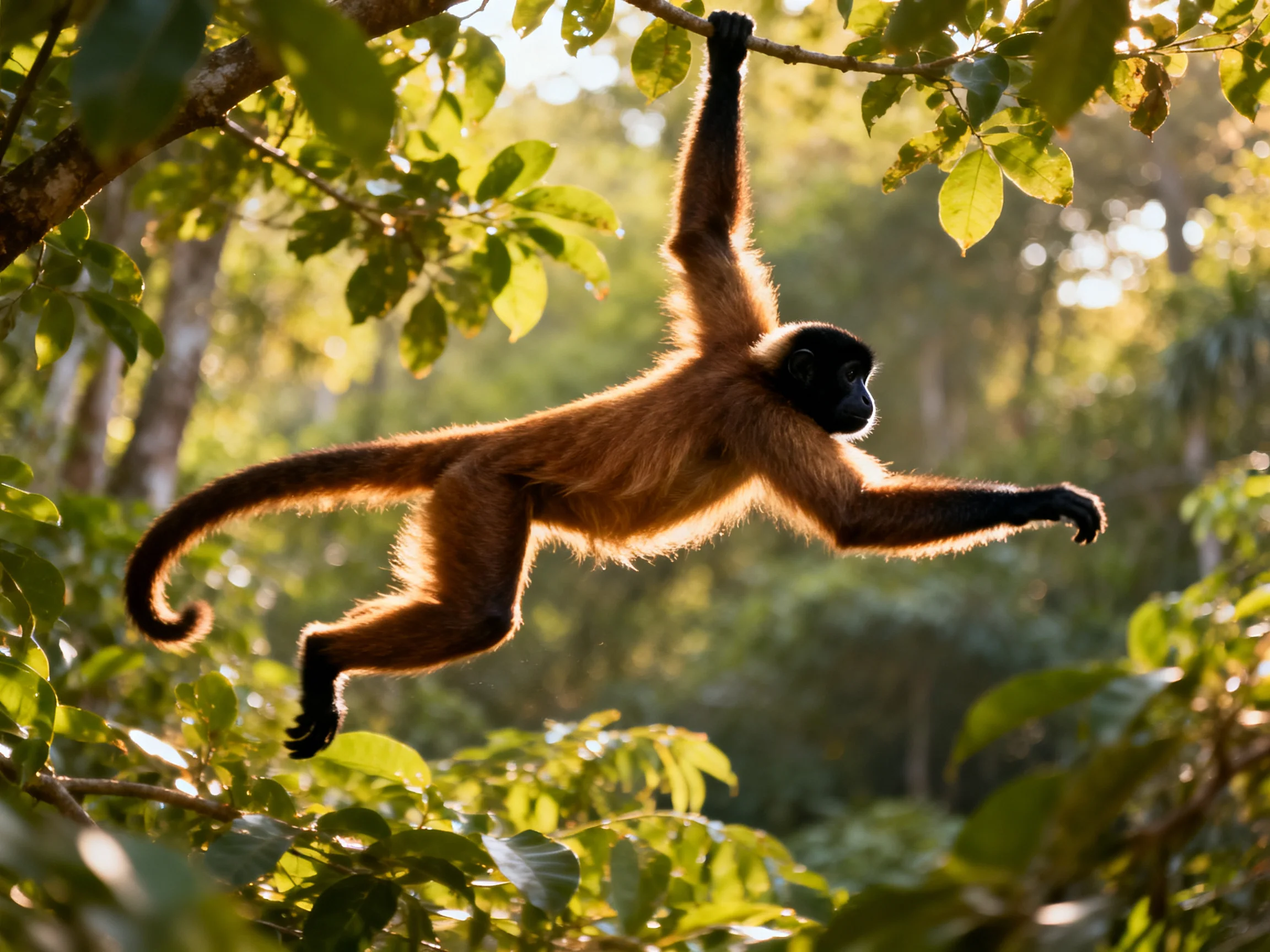 A brown-furred monkey moves through sunlit forest foliage.