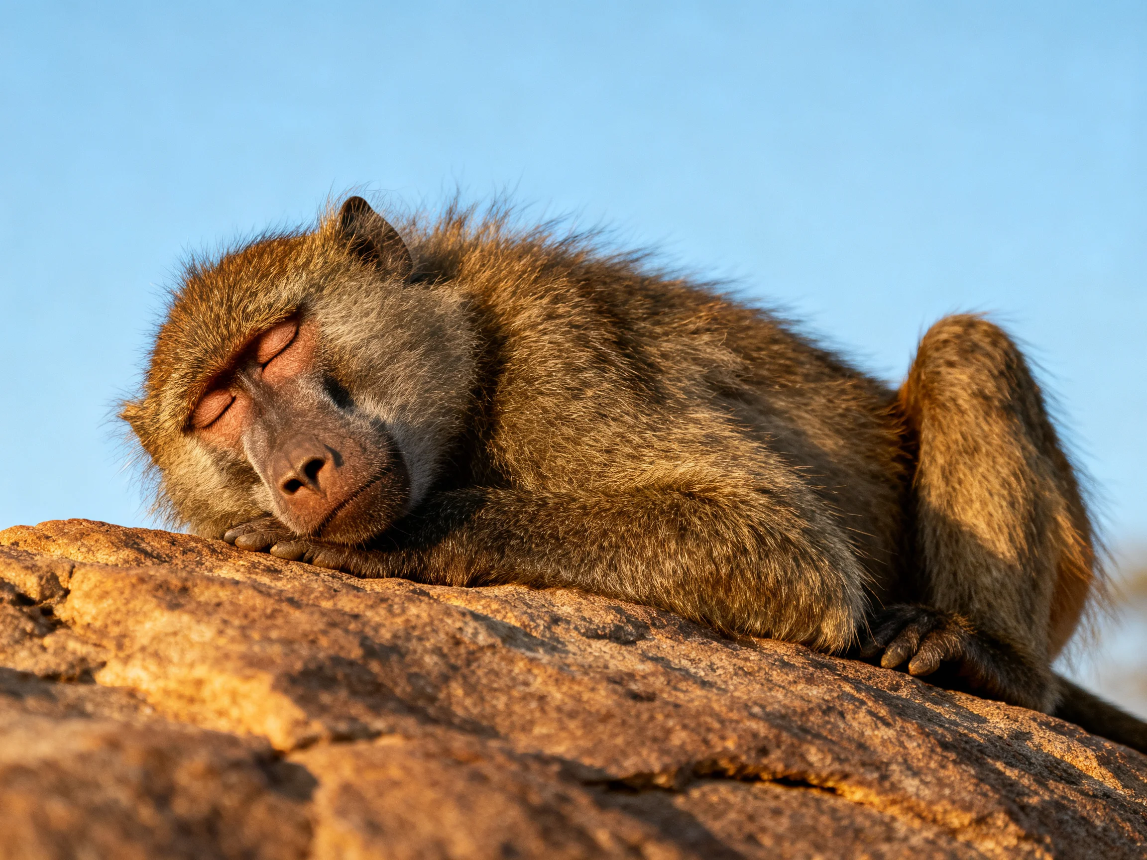 A brown-furred monkey rests peacefully atop a sun-warmed rock.