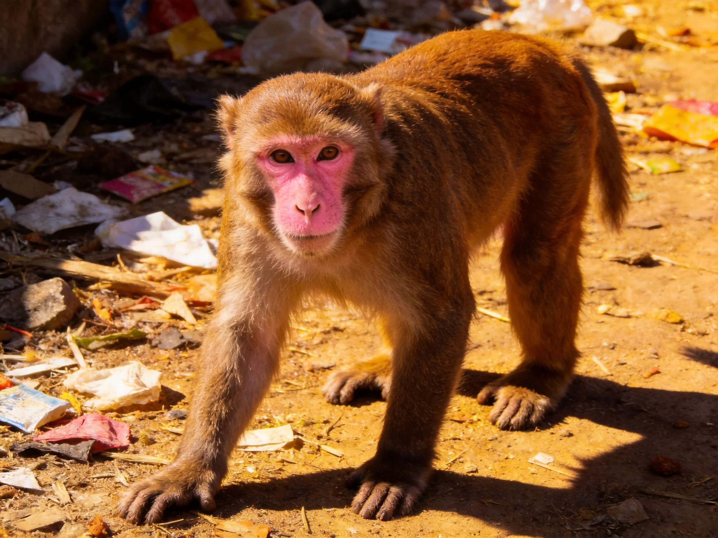 A brown-furred monkey with pink face near scattered litter