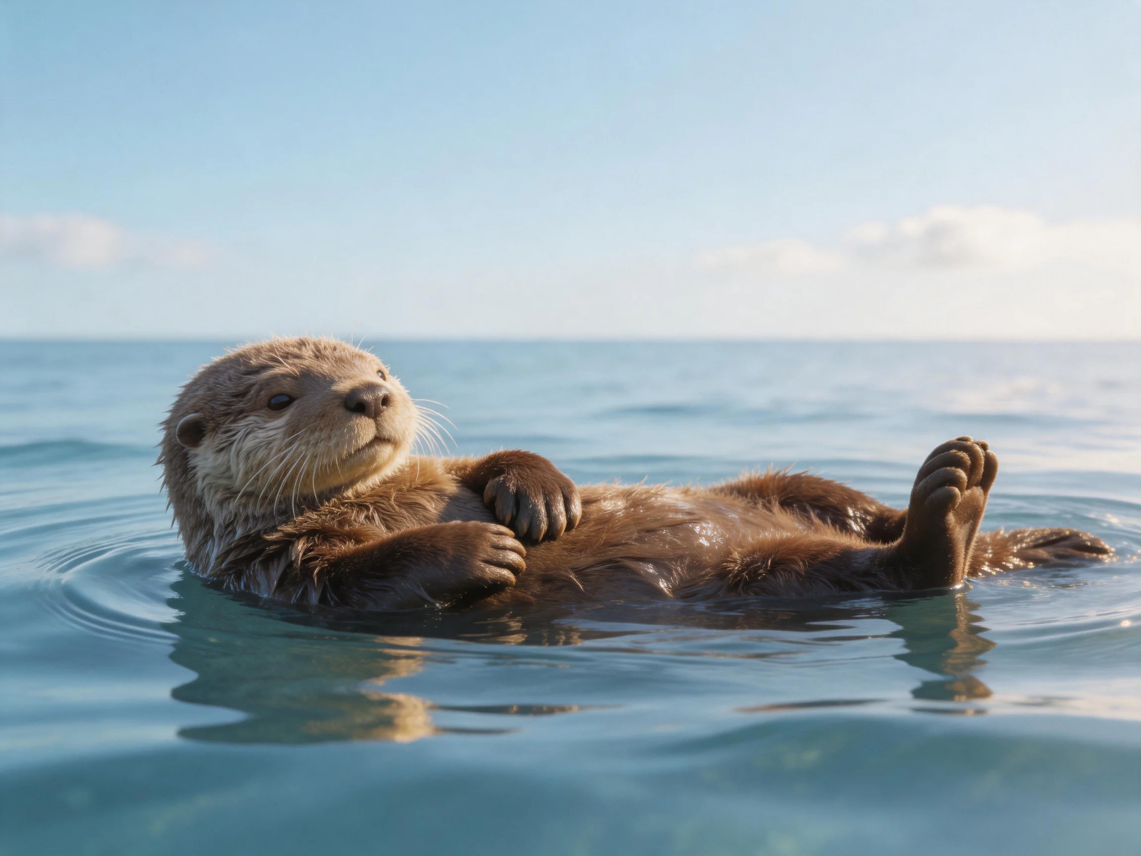 A brown-furred otter floats serenely in calm blue waters