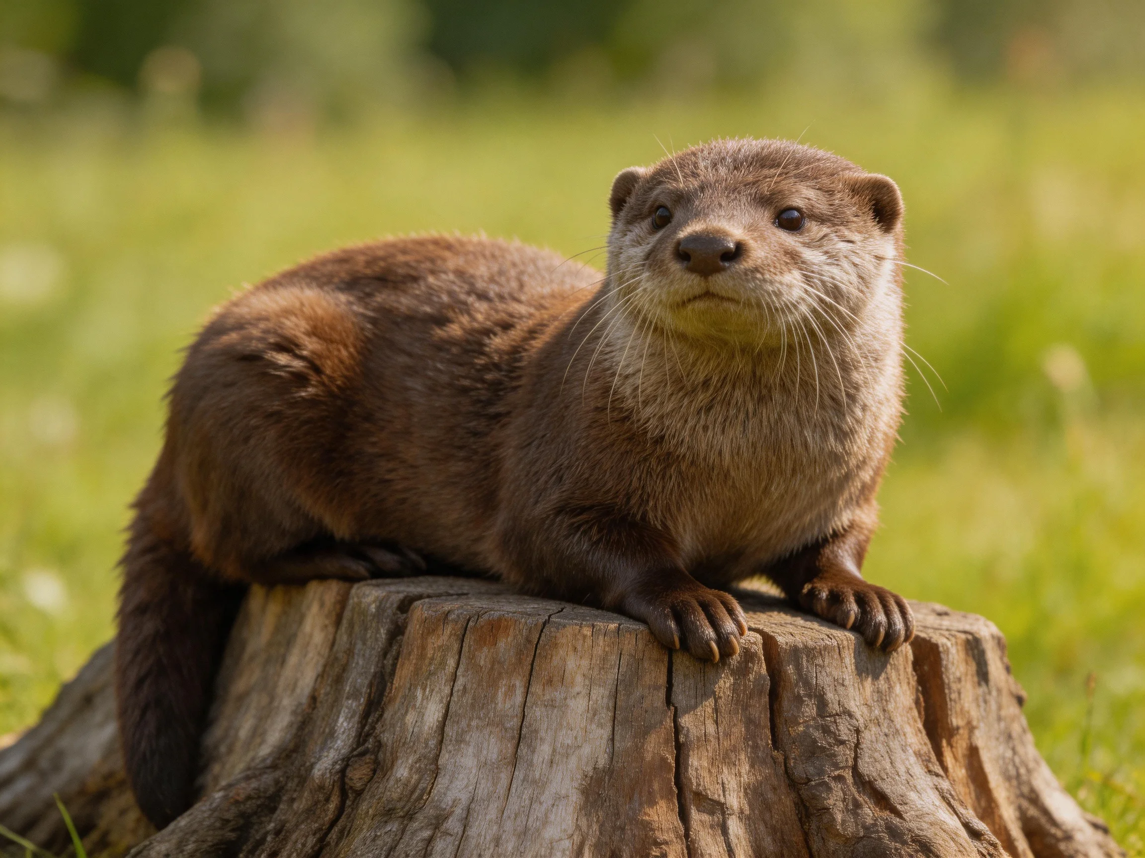 A brown-furred otter rests atop a weathered tree stump in a green meadow