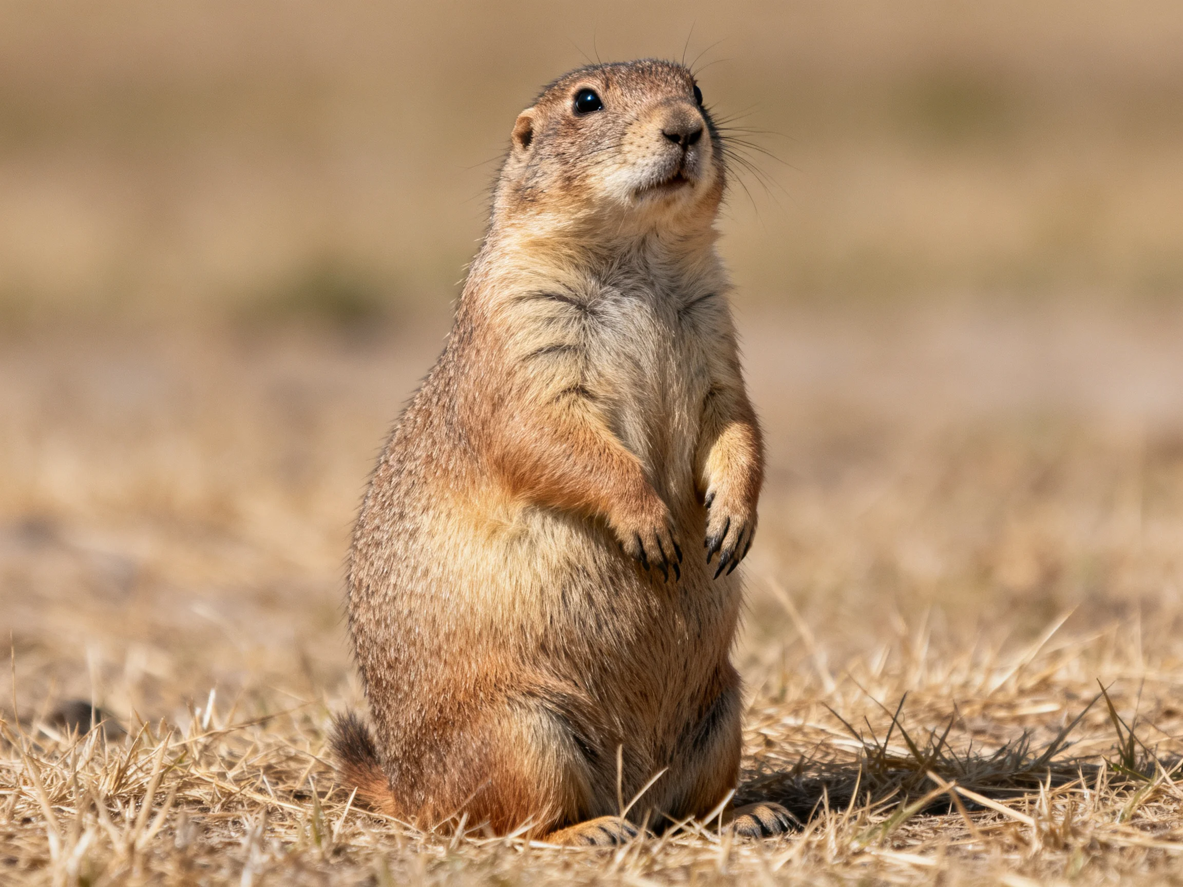 A brown-furred prairie dog stands alert on dry golden grass