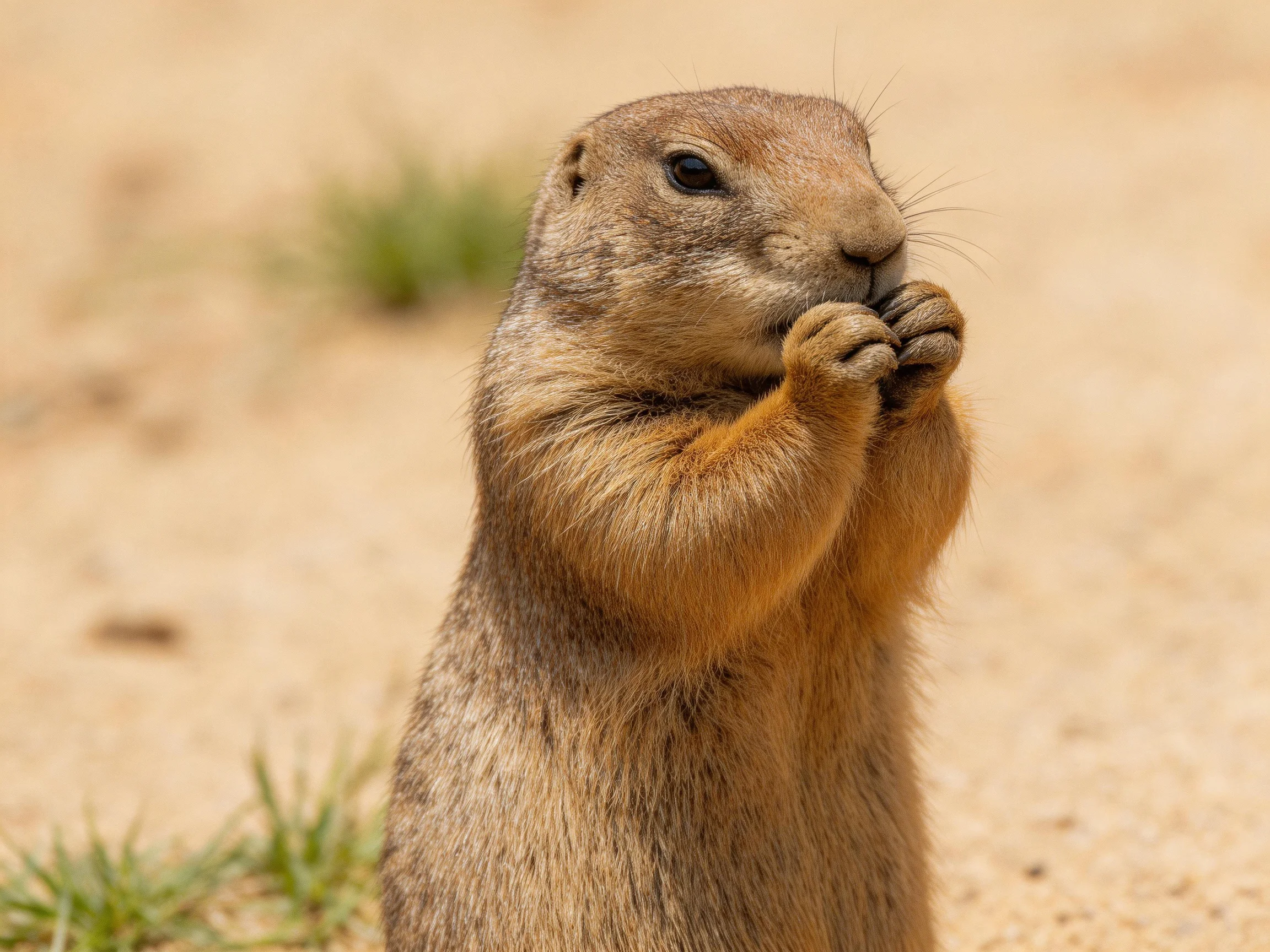 A brown-furred prairie dog stands on sandy ground eating