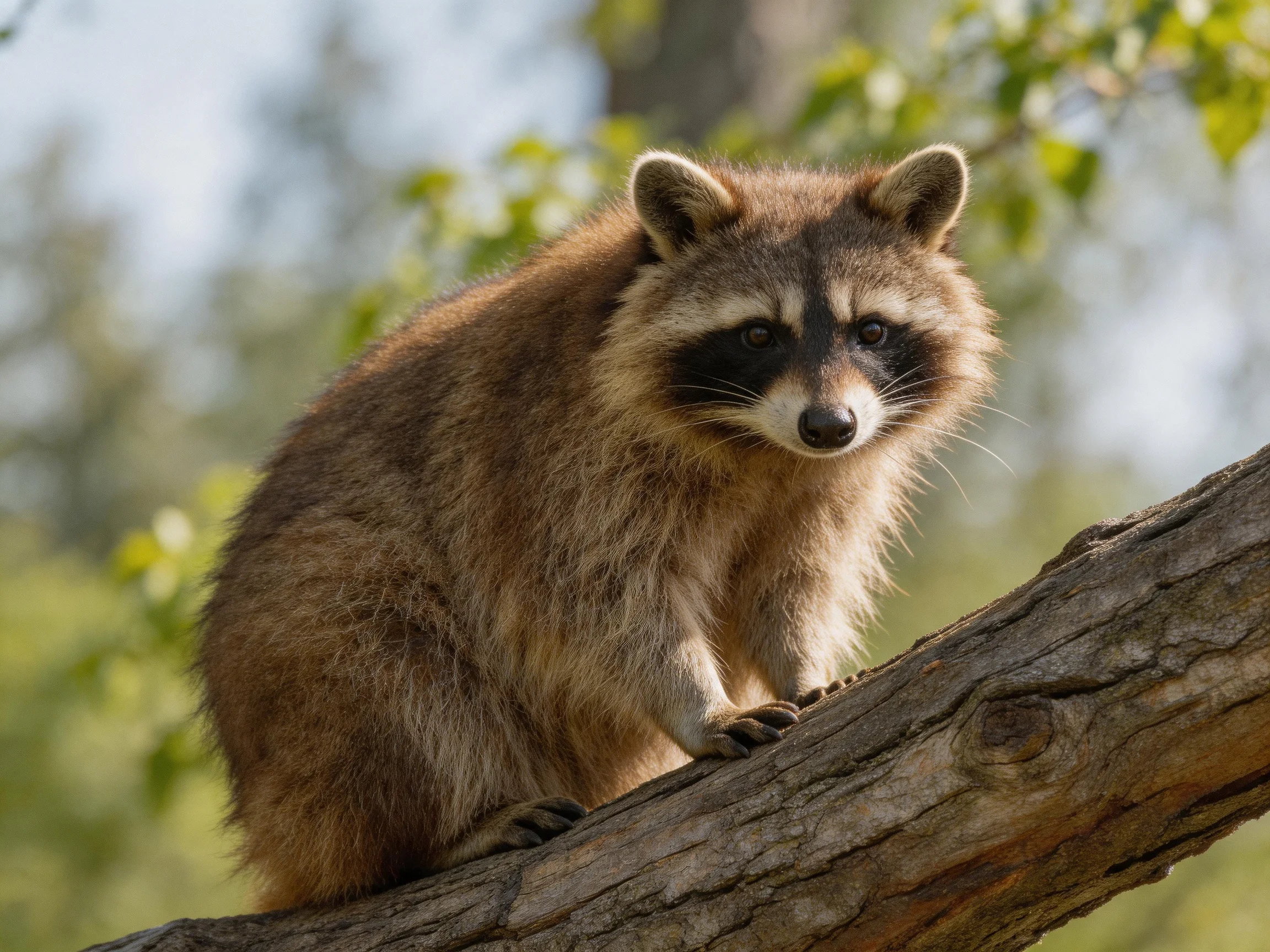 A brown-furred raccoon perched on a rugged tree branch