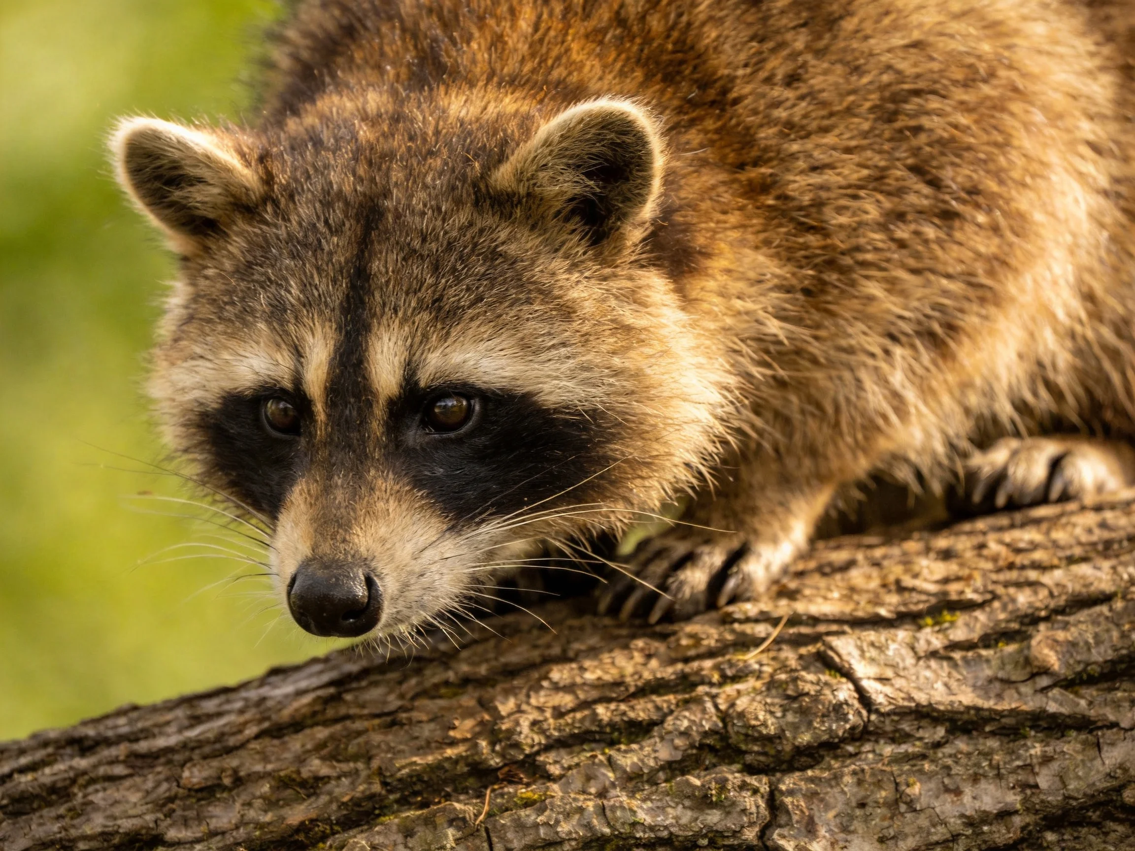 A brown-furred raccoon resting on a textured tree trunk