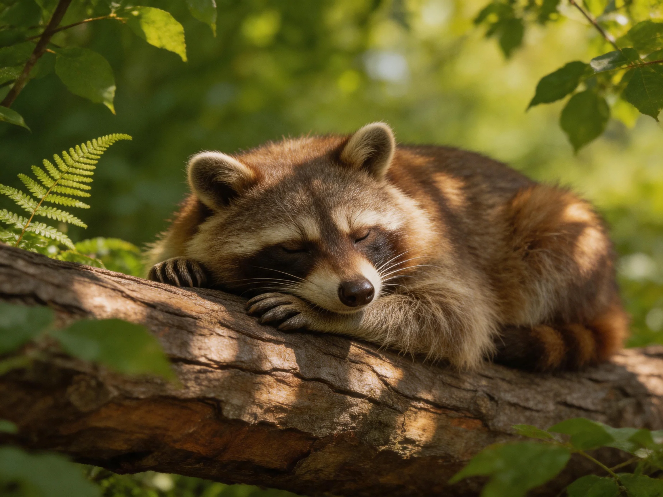 A brown-furred raccoon sleeps on a gnarled tree branch in a leafy forest