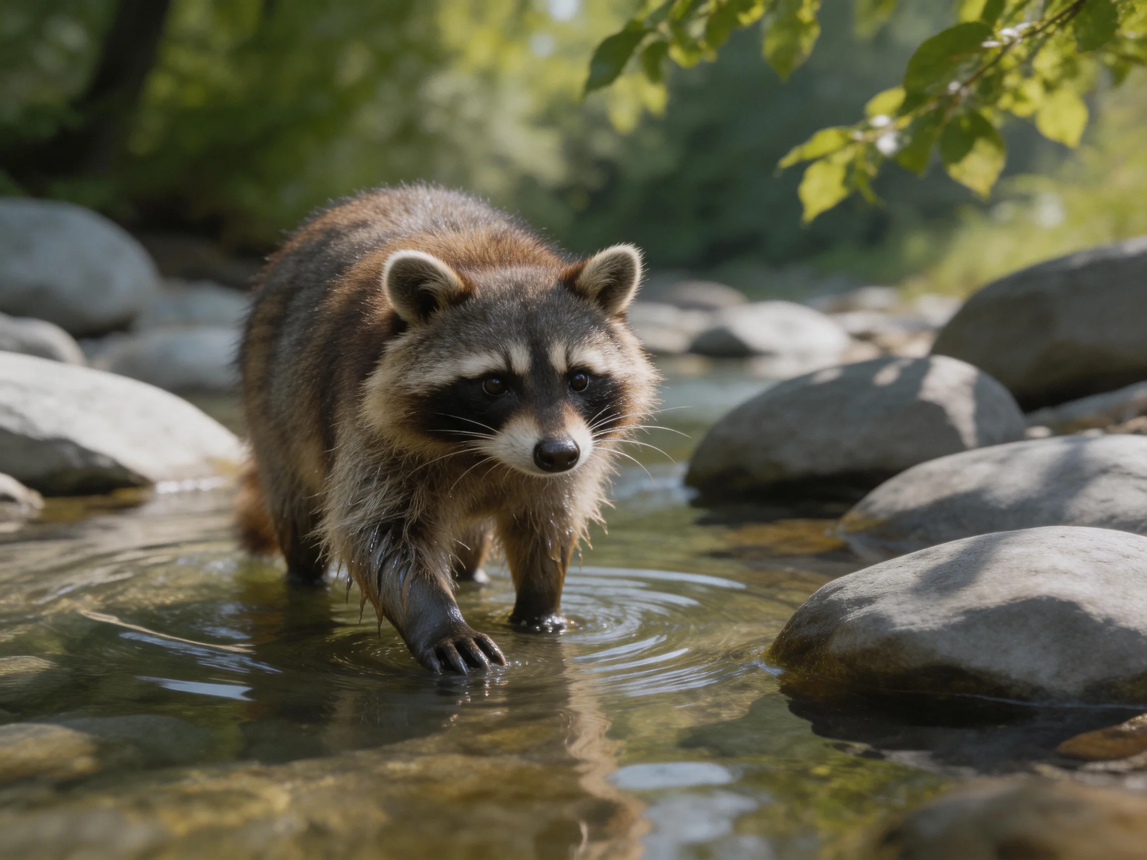 A brown-furred raccoon wades through a shallow stream with smooth rocks