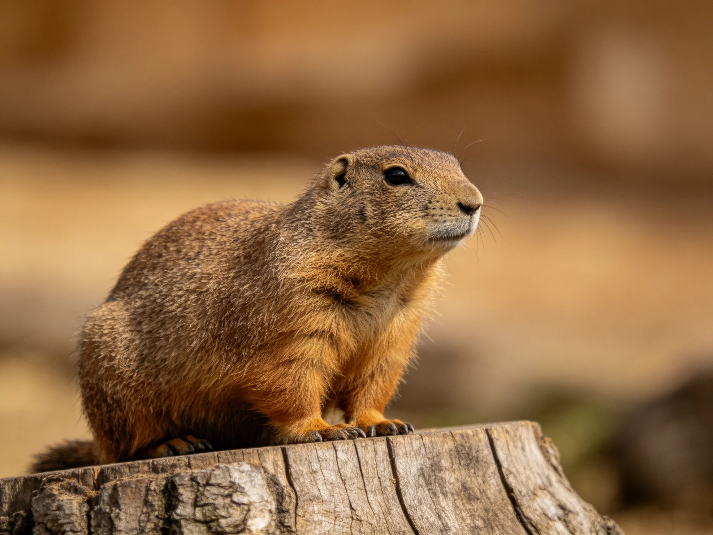 A brown-furred rodent perches on a weathered wooden stump