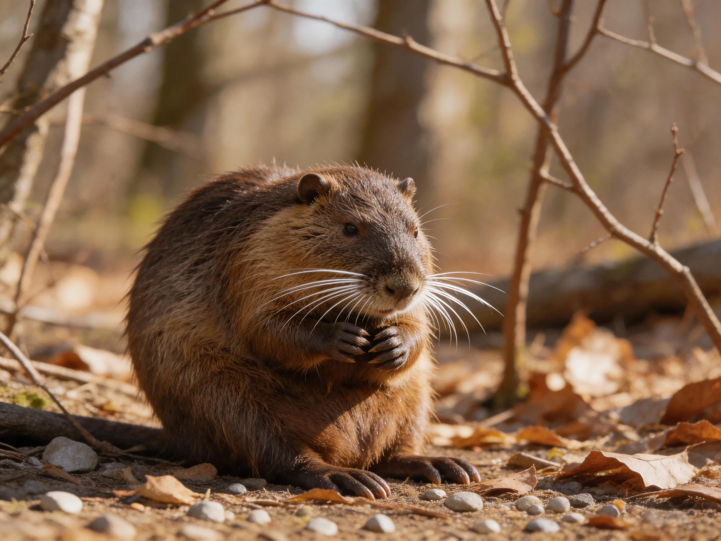 A brown-furred rodent resting among dry leaves and bare branches