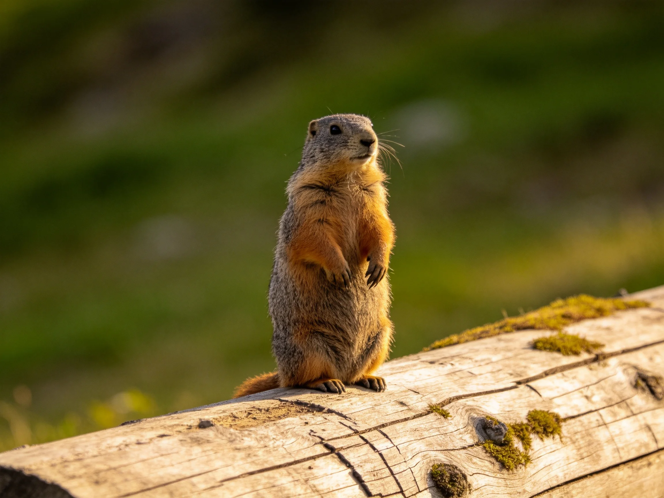 A brown-furred squirrel stands atop a moss-dotted wooden log