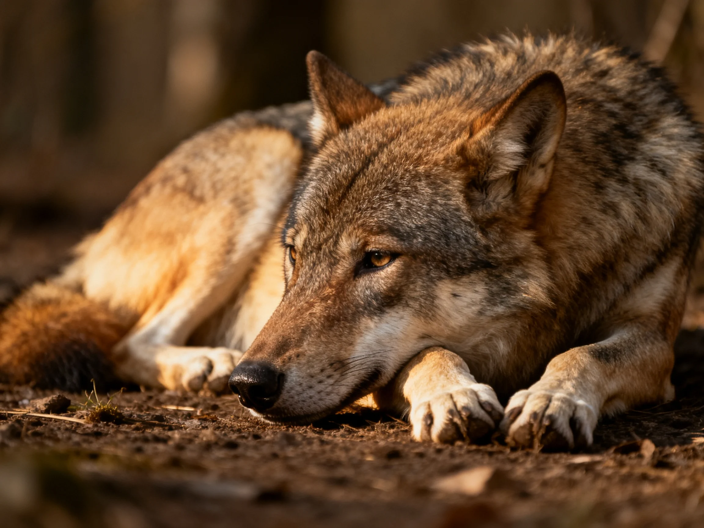A brown-furred wolf rests on earthy ground in soft light