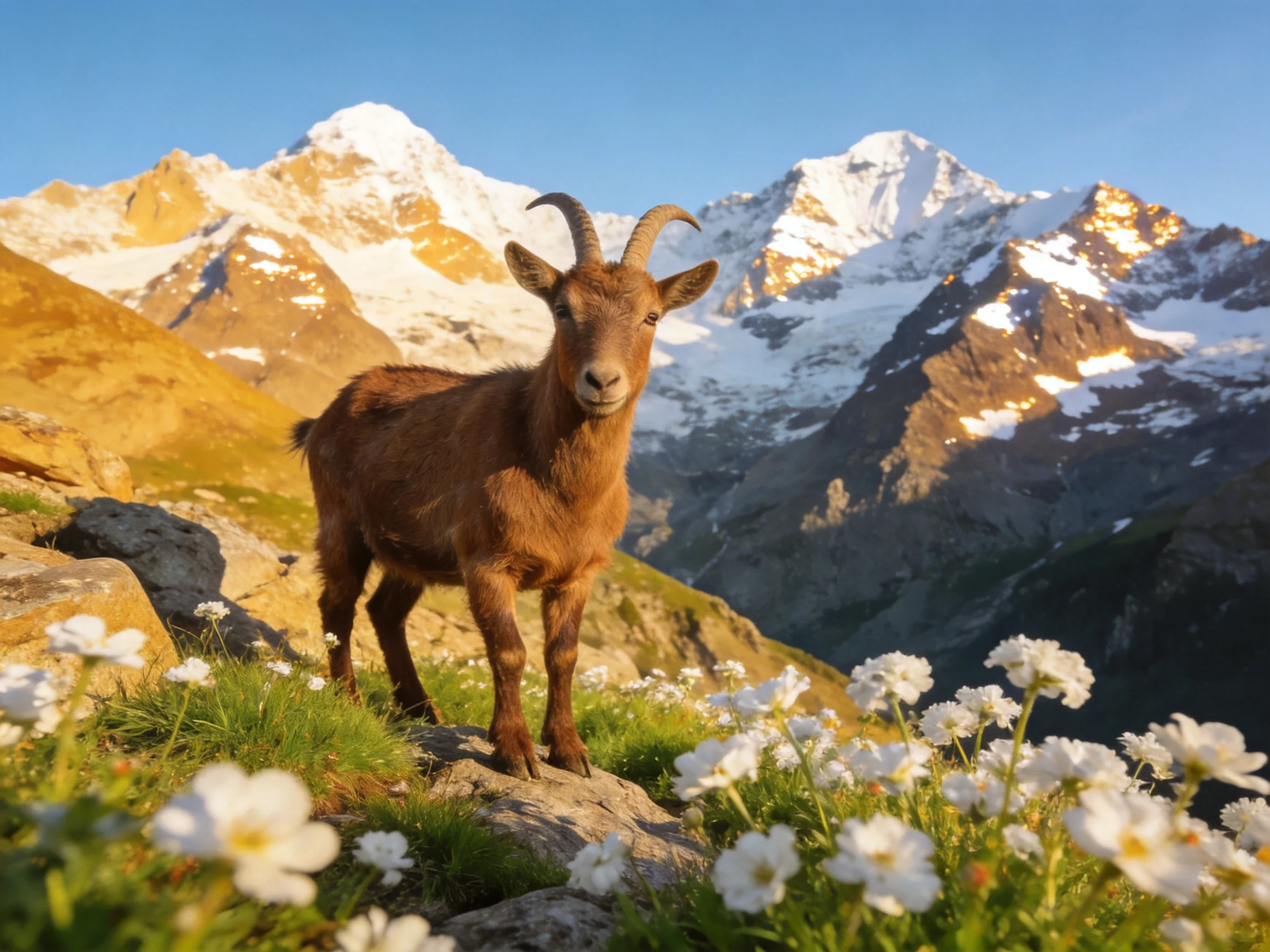 A brown goat stands among white wildflowers with snow - capped mountains in the background.