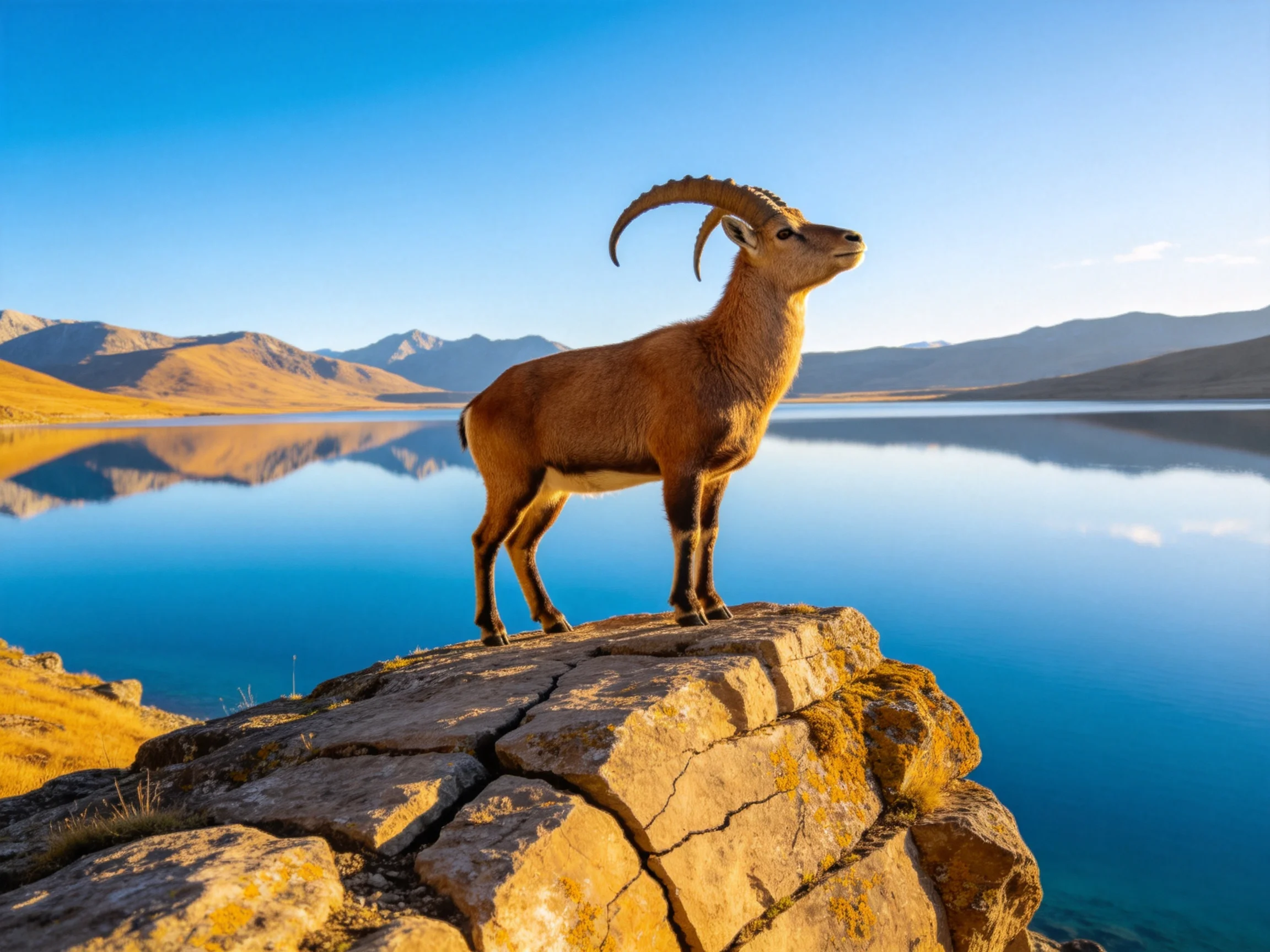 A goat stands on a rocky cliff near a serene blue lake