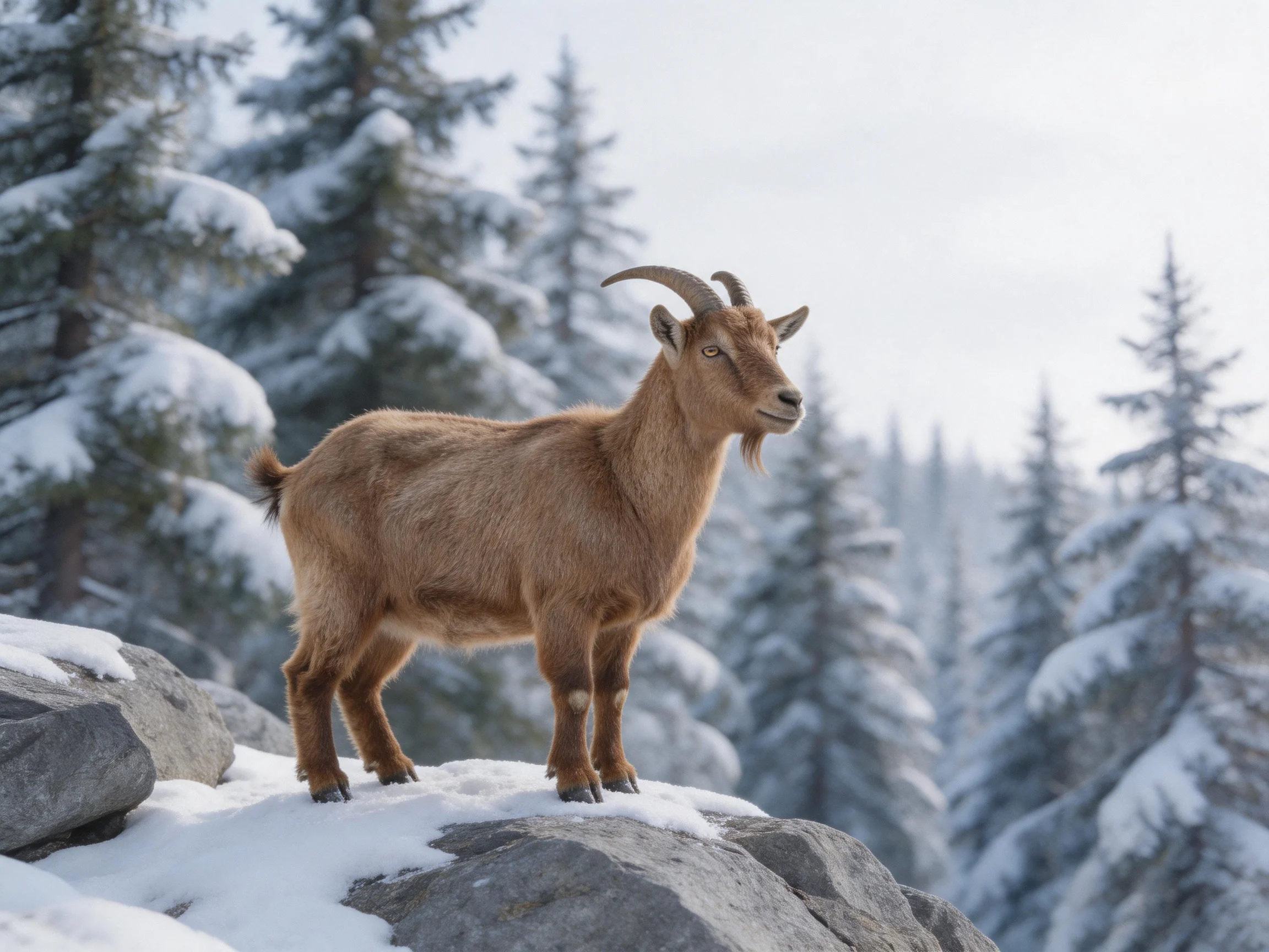 A brown goat stands on snow-laden rocks in a frosty evergreen forest.