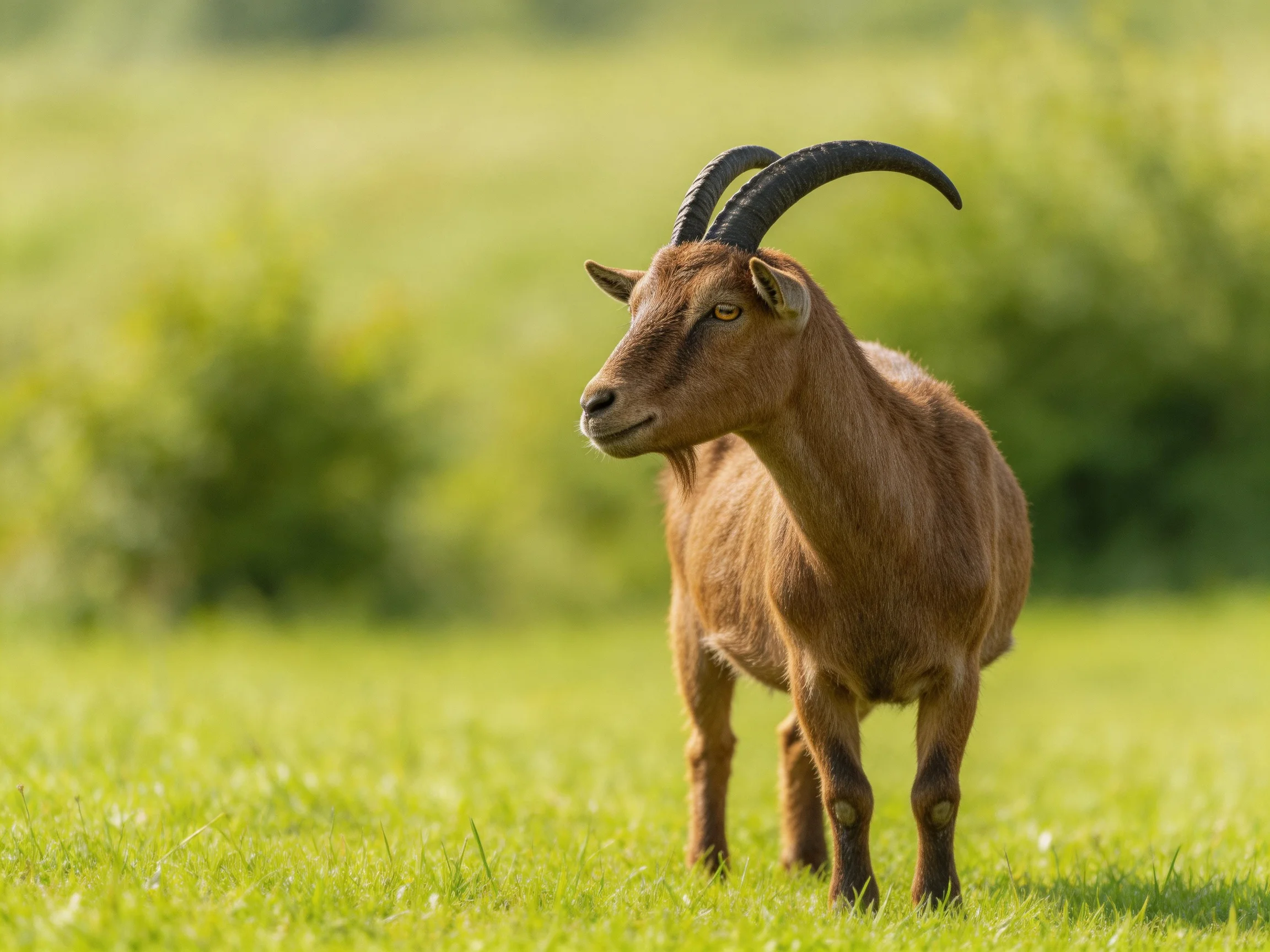A brown goat with horns stands in a sunlit meadow.