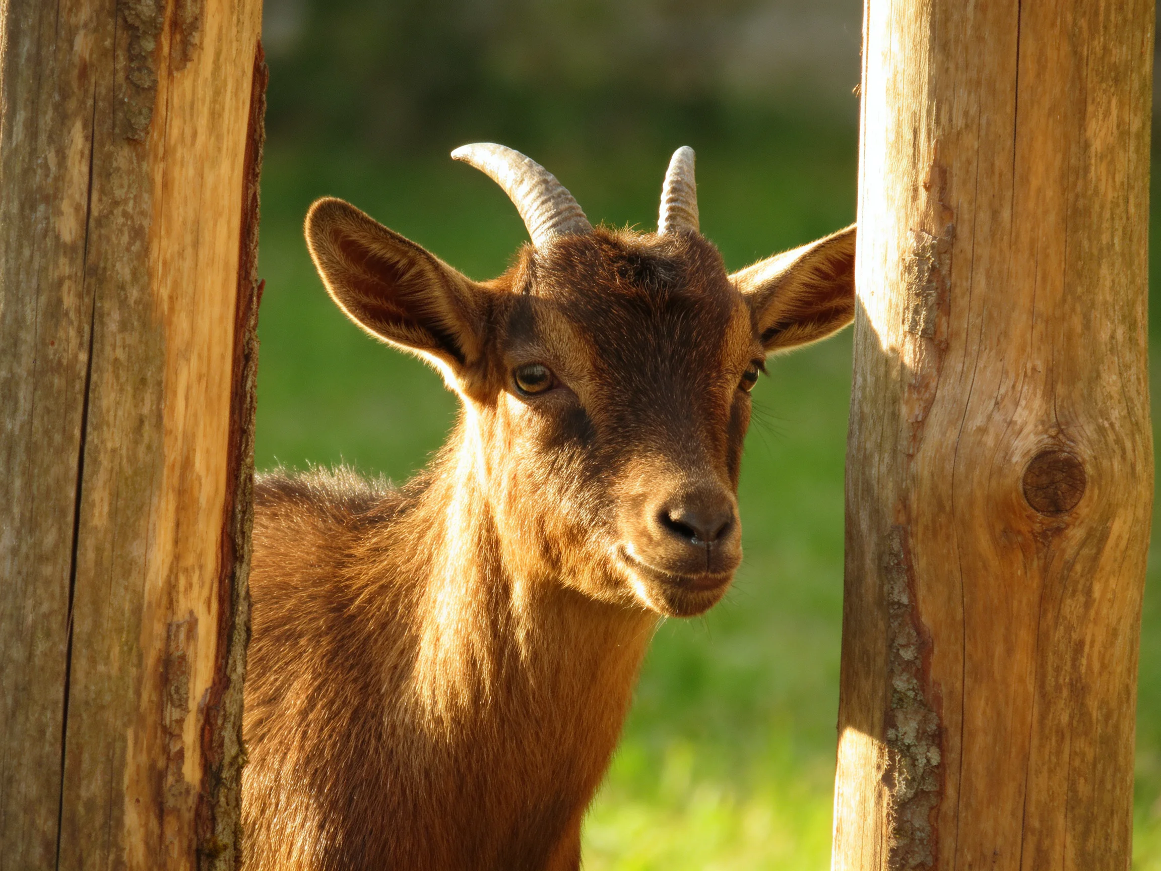 A brown goat with curved horns between weathered wooden posts