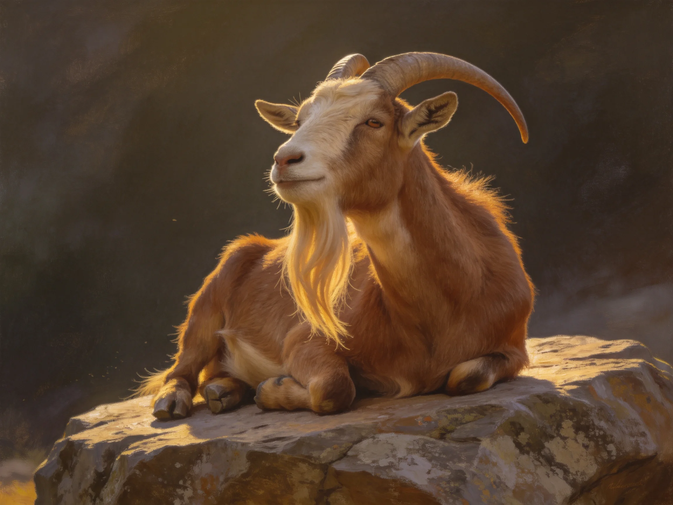 A brown goat with curved horns rests on a weathered rock formation