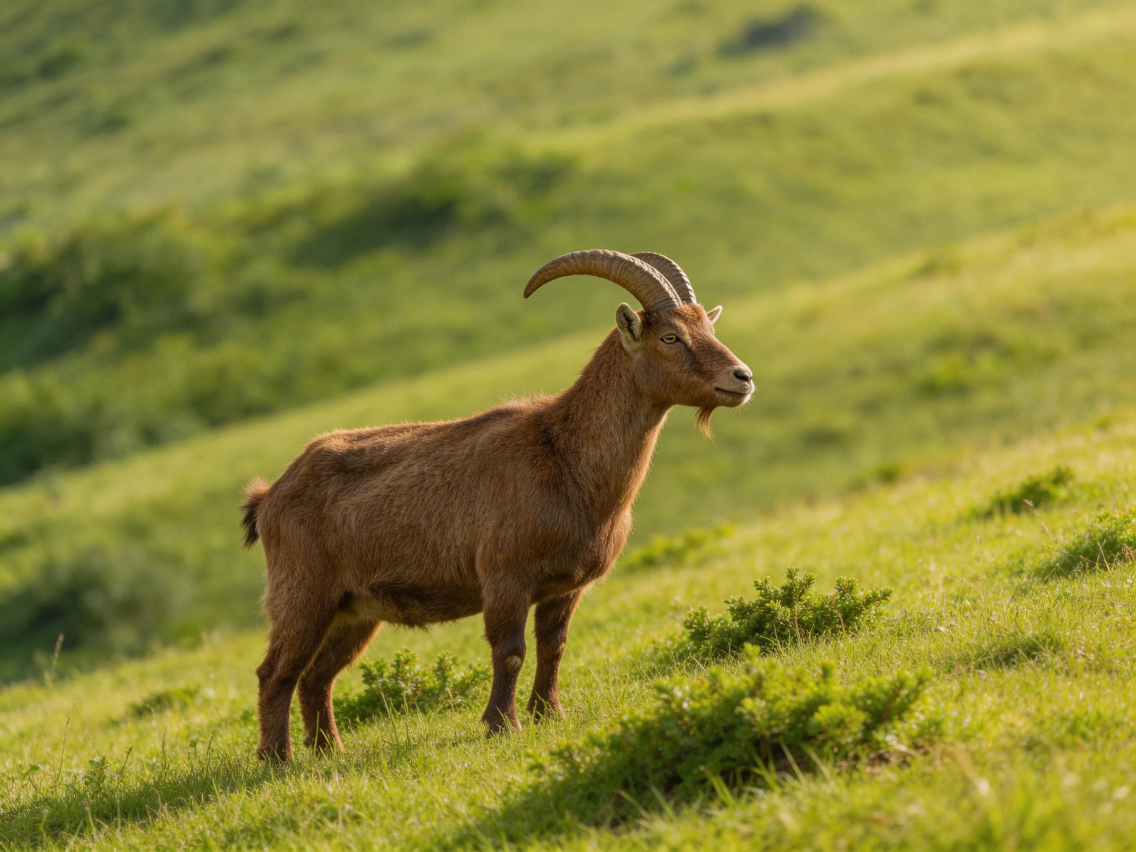 A brown goat with curved horns stands on a lush green hillside