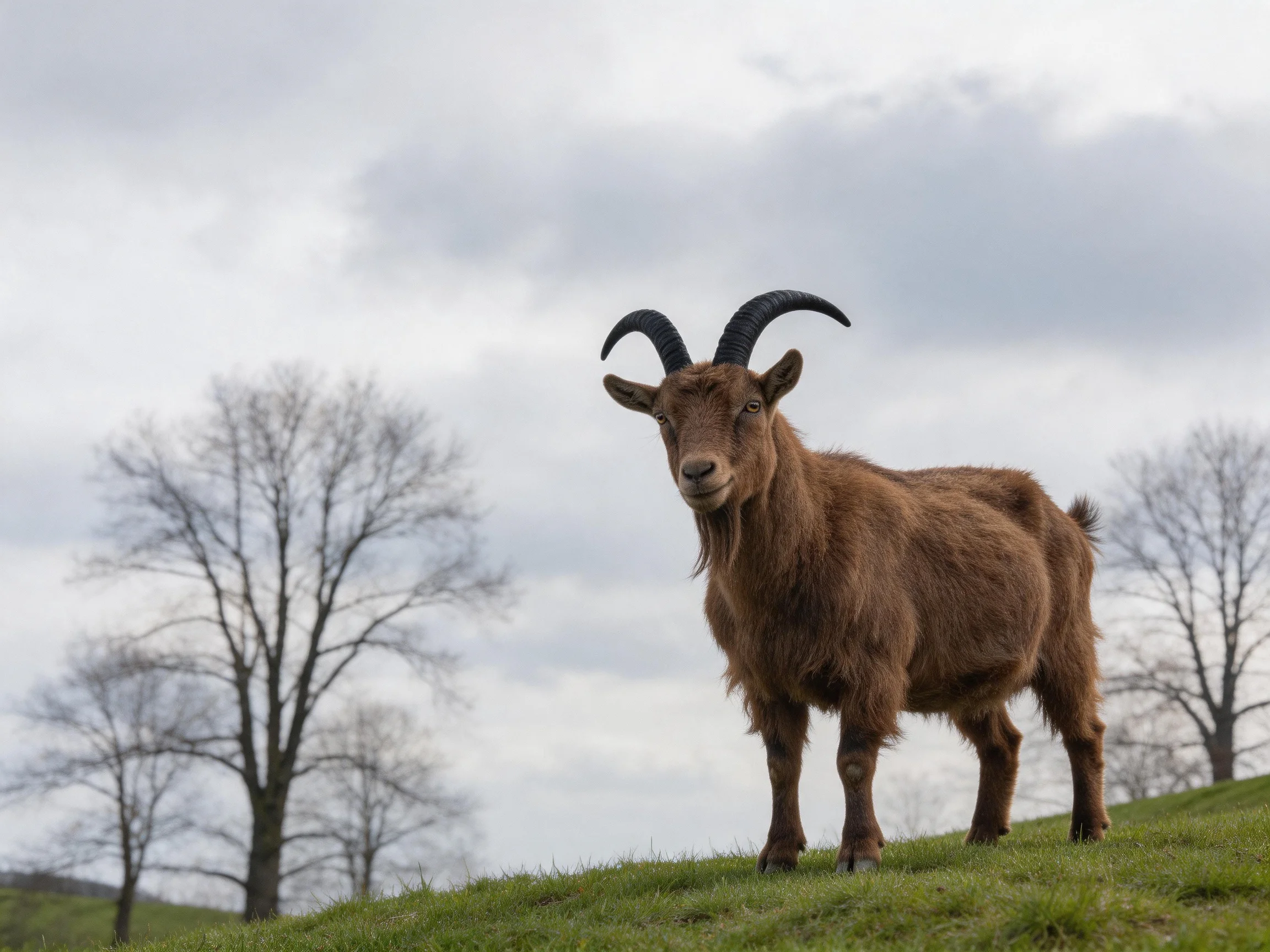 A brown goat with large black horns stands on a grassy hillside with leafless trees in the background.