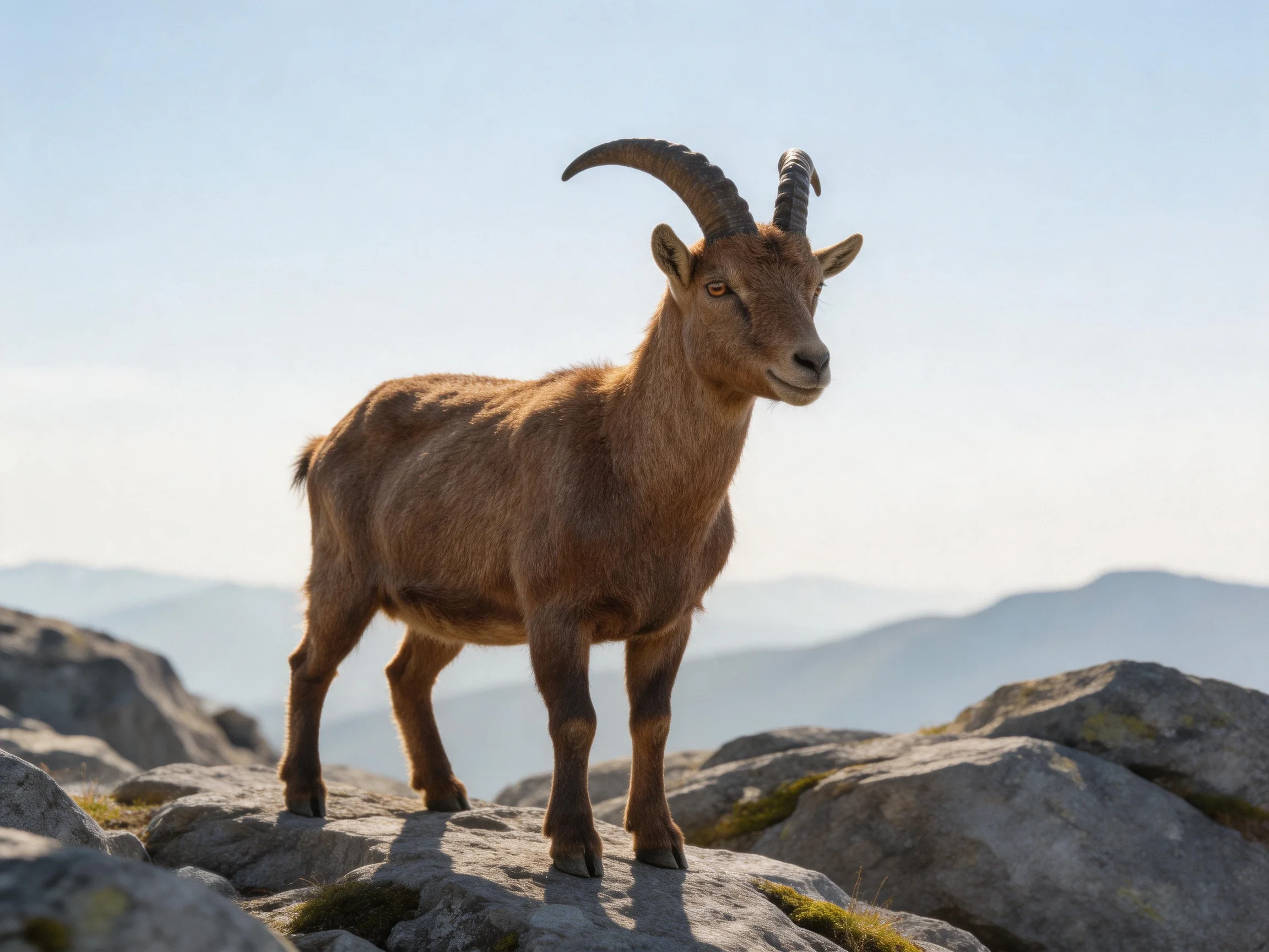 A brown goat stands on rocky terrain with distant mountains.