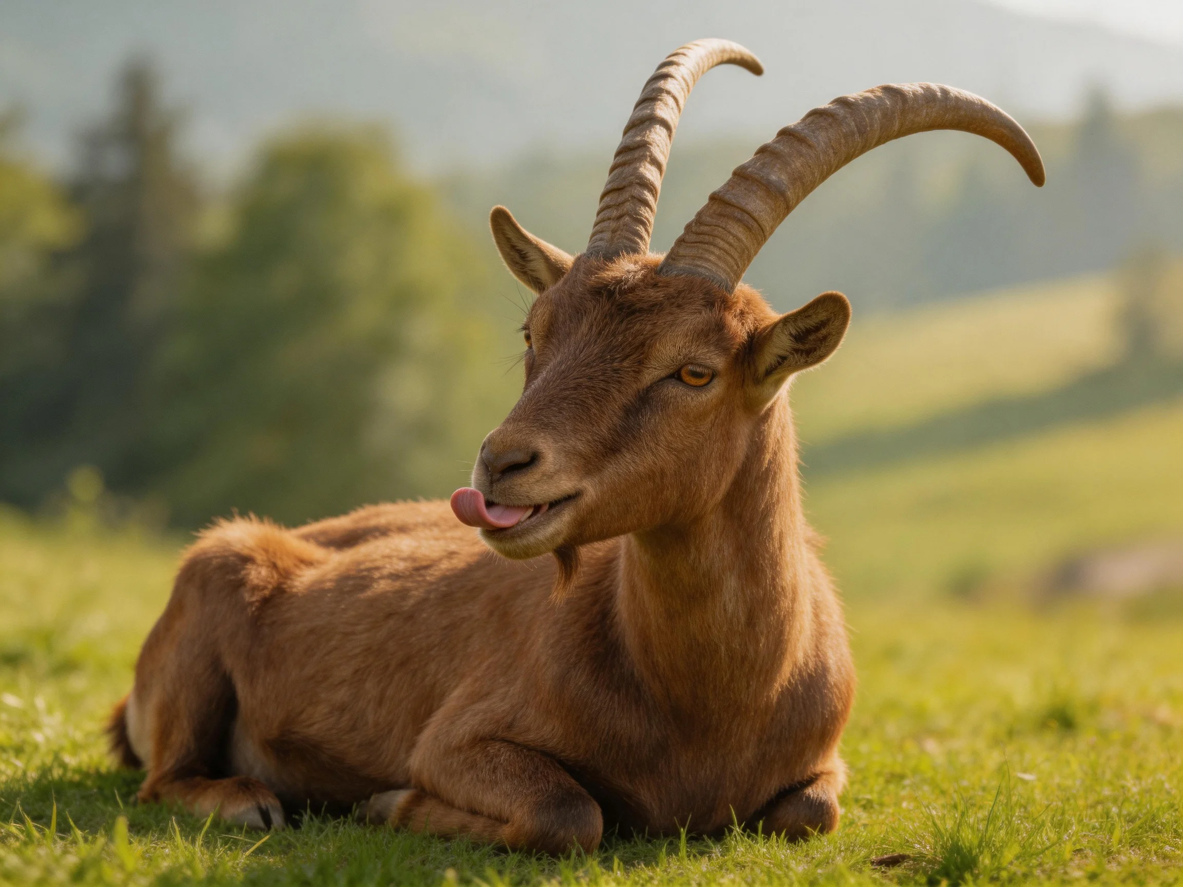 A brown goat with large curved horns rests peacefully in the meadow.